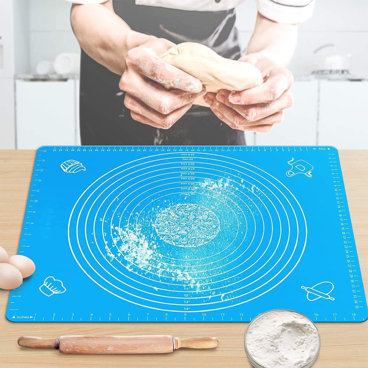 ROYALDEALS-RD Pastry Mat for Pastry Rolling with Measurements Silicone Baking Mat, Non-Stick Pastry Board and Non-Slip Silicone Mat, Great for Rolling Dough, Make Pizza and Cookies (Blue)