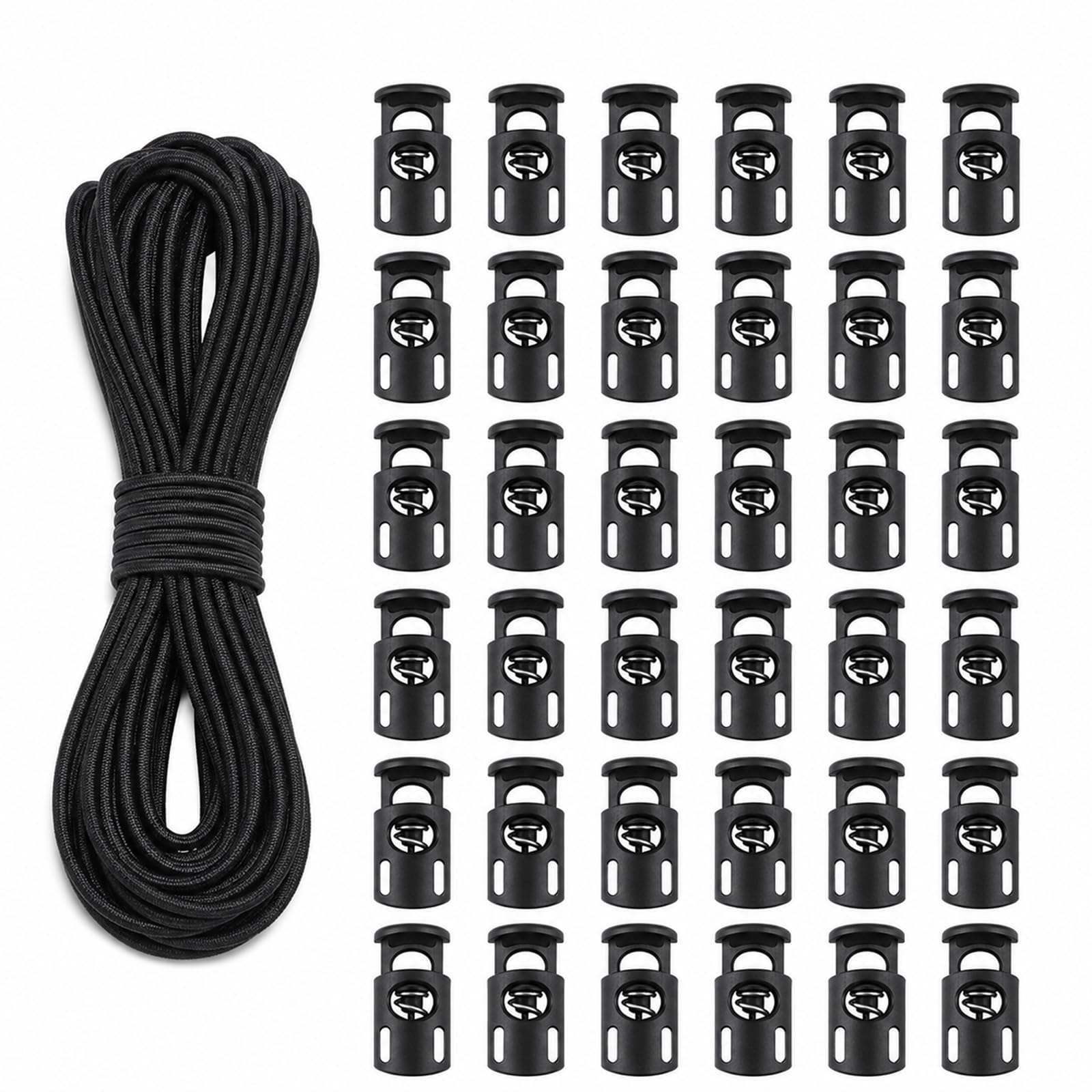 Elastic Cord and Toggles for Drawstrings, 30 Pcs Black Cord Locks & 10m Elastic Cord, 2.5mm Single Hole Spring Toggle Stoppers for Backpack, Shoelaces, Jackets, Clothing, Camping