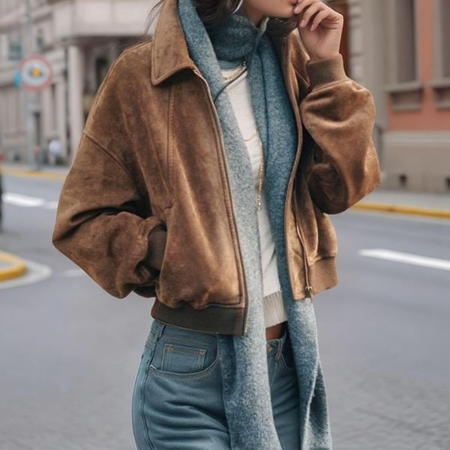 Chevara Women’s Faux Suede Jacket Casual Lapel Collar Long Sleeve Zip Up Crop Outerwear Pilot Coat with Pockets