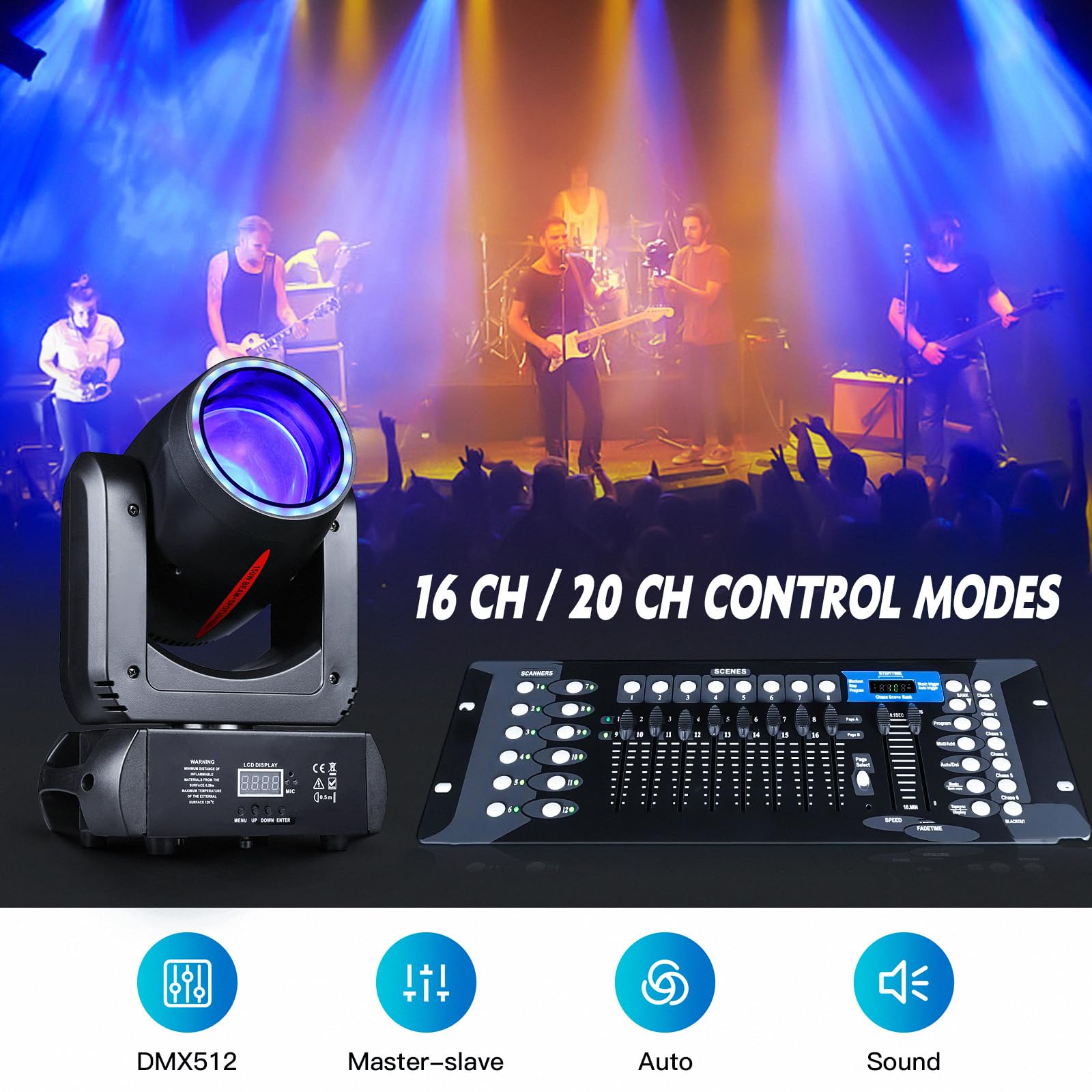 150 W LED-DJ-Licht, beweglicher Kopf, Bühnenlichtstrahl Halo, 8 Gobos, 8 Farben, 3D-rotierendes 18-Facet-Prisma, DMX 512 Sound-aktiviert für Hochzeit, Party, Kirche, Live-Events, Club, Disco