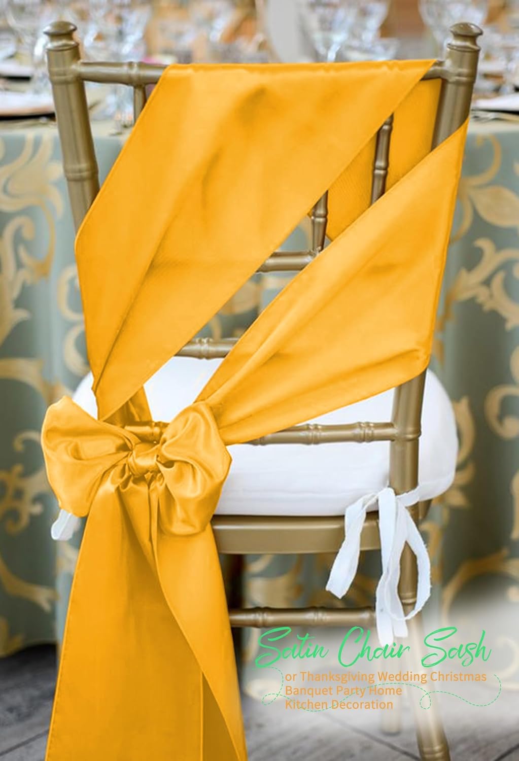 60 PCS Gold Satin Chair Sashes, Ties Bows Designed Chairs Decorative, Chair Cover Sashes for Thanksgiving Wedding Christmas Banquet Party Home Kitchen Decoration (7 x 108 inch)