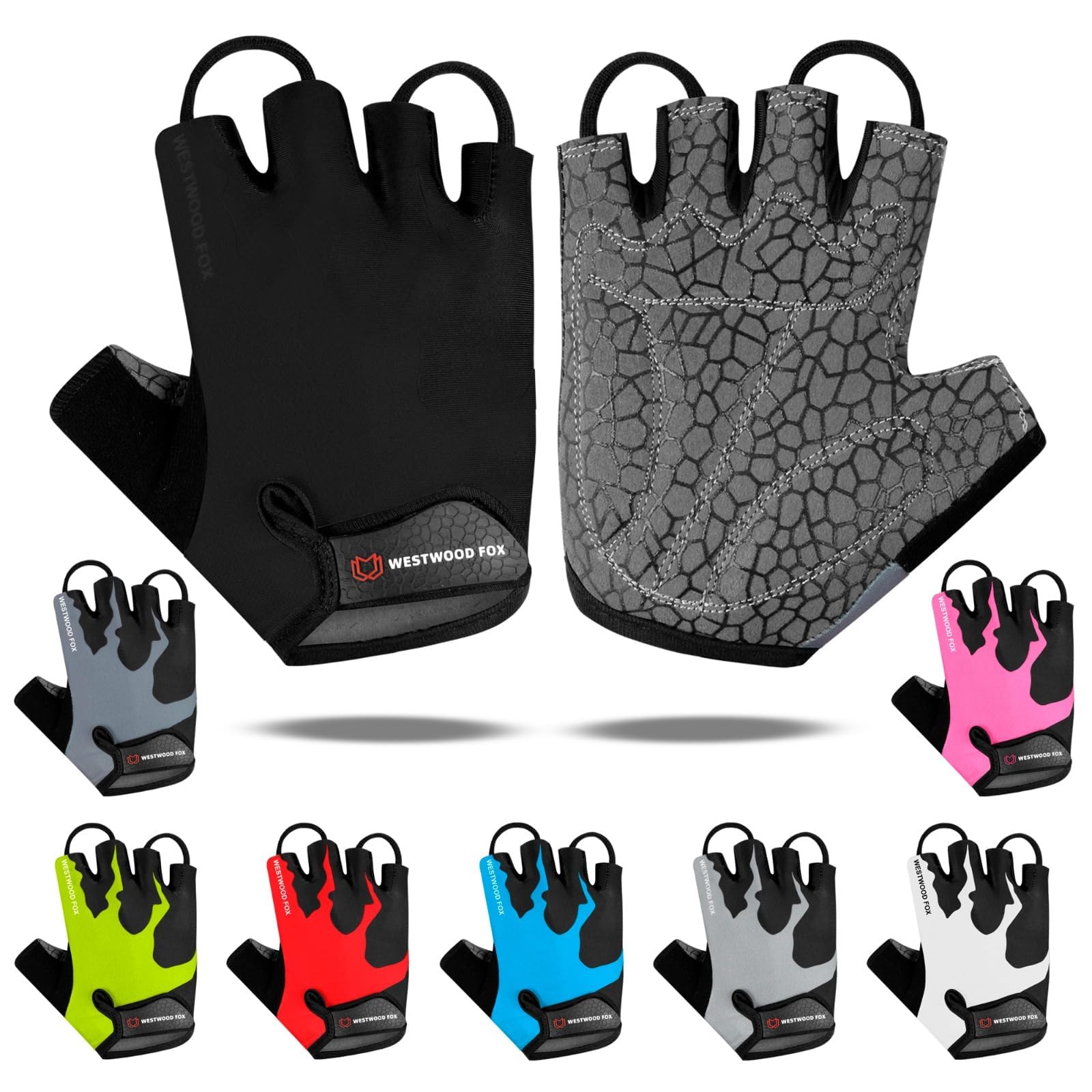 WESTWOOD FOX Cycling Gloves Half Finger Unisex Padded Grips Palm Cycling Summer Riding MTB Cycling Gloves for Men Women Non-Slip Fingerless Short Mountain Bike