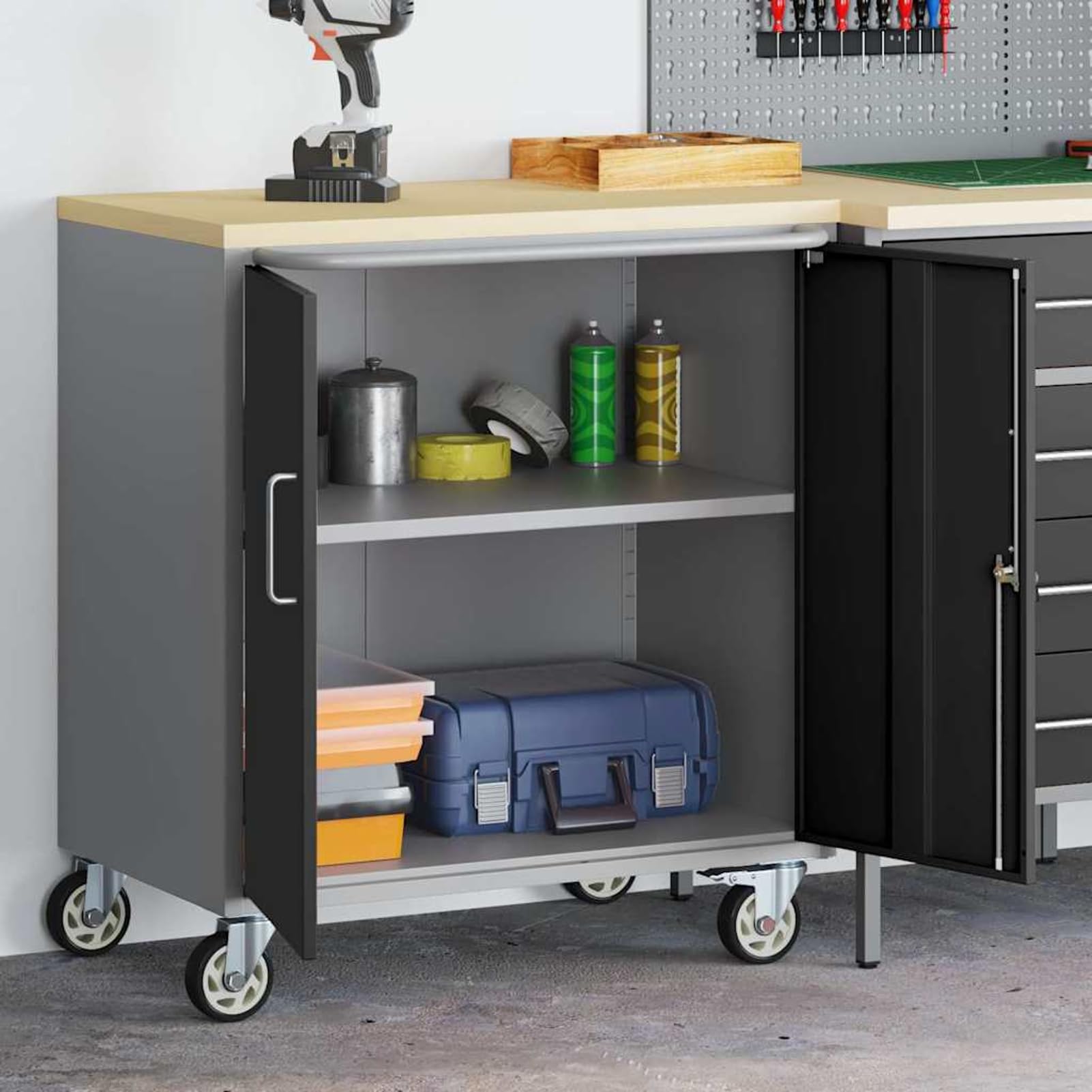 Homgoday Banco da Lavoro Industriale con Ruote 75x45x85 cm Nero/Grigio in Legno e Acciaio con 1 Serratura a camma e 1 ripiano carico Max 100 kg.