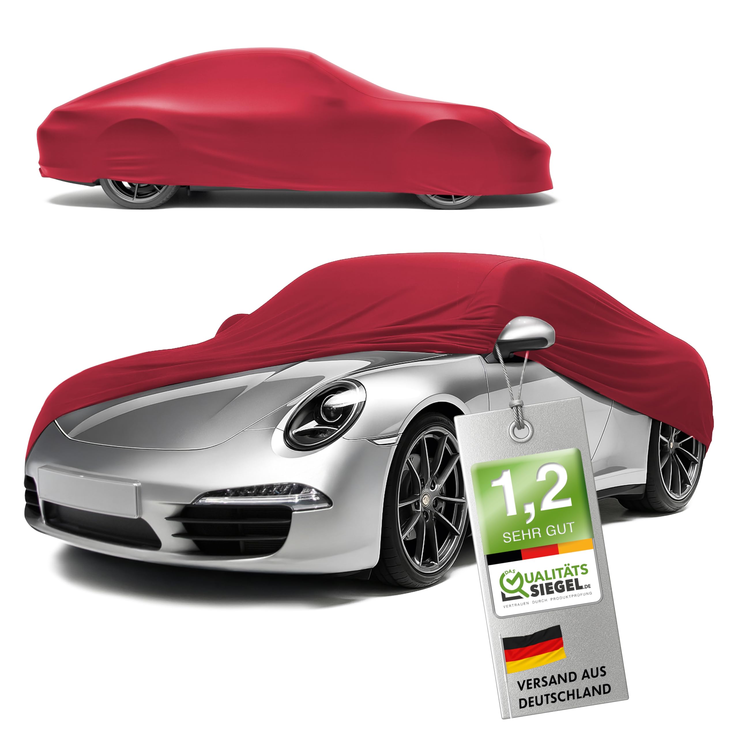 WALSER Premium Housse de Voiture d’intérieur - Protection complète, Tissu élastique et Respirant, Anti-poussière, Doublure Douce, Ajustement serré, Indoor Stretch Plus, Taille 2 Voiture Rouge