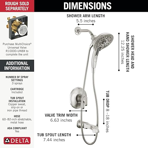Miniatura 4 de Delta Faucet Tetra 17 Series - Juego de grifo de ducha y bañera de níquel cepillado de doble función con cabezal de ducha 2 en 1 In2ition con