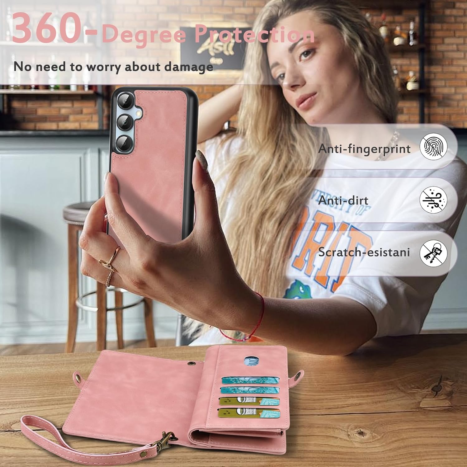 for Wallet Case Compatible with Samsumg Galaxy S24 Plus Multi-Function Detachable 2 in 1 Magnetic Phone Case Wallet,Flip Strap Zipper Card Holder Phone Case with Shoulder Straps (Pink)