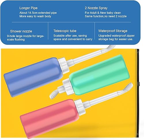 Miniatura 8 de Bidé portátil azul + rosa para mujeres y niños con 2 boquillas + tubo escalable  Bidés de viaje de 16.9 fl oz  Peri Bottle Bidé personal de mano de