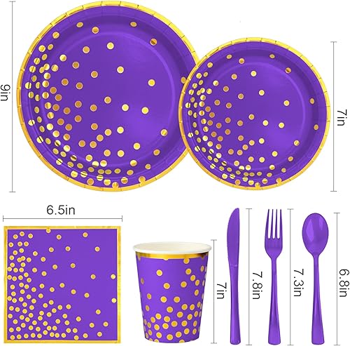 Miniatura 2 de Platos de papel y servilletas de color morado dorado, suministros para fiestas, con cucharas, tenedores, cuchillos, tazas, juego de vajilla de papel