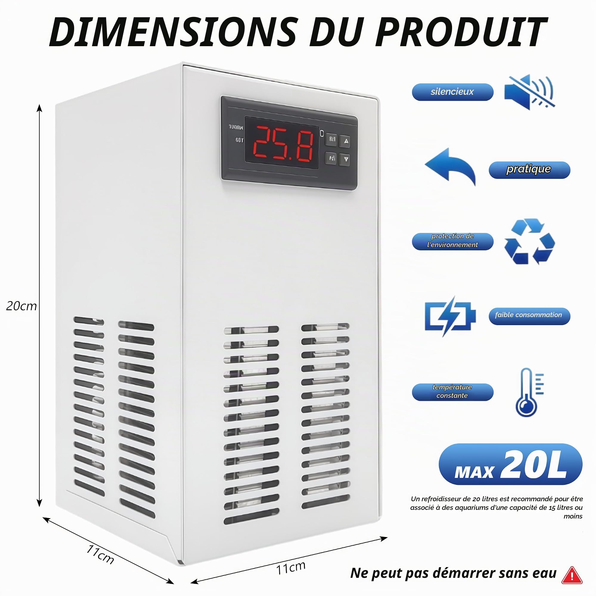 Refroidisseur pour Aquarium, 20L, Silencieux, contrôle Intelligent de température | Maintient l'eau froide; pour poissons.