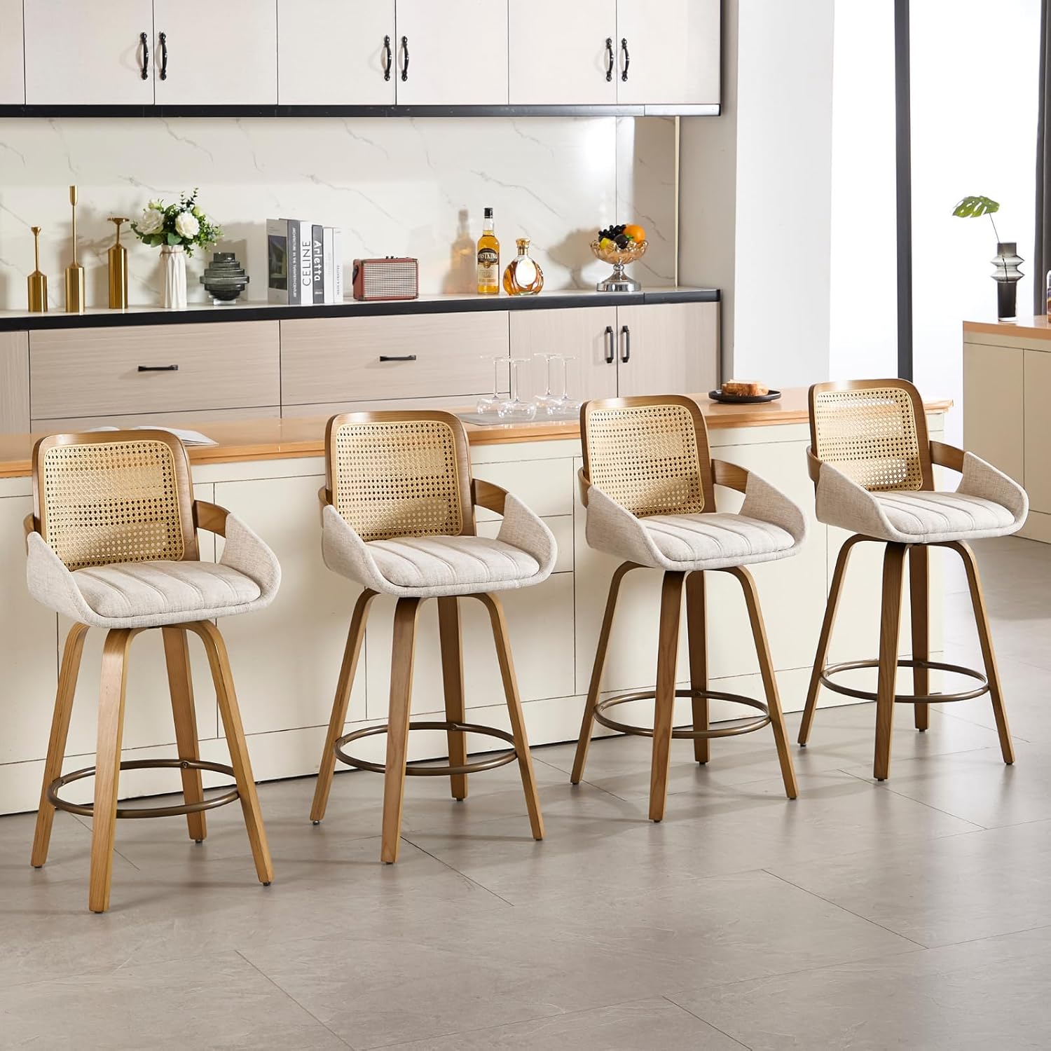 DUOMAY 360°Swivel Counter Height Stools Set of 4, Cane Back 26" Seat Height Low Barstools with Solid Wood Legs Linen Seat Kitchen Stools for Home Dining Room, Beige
