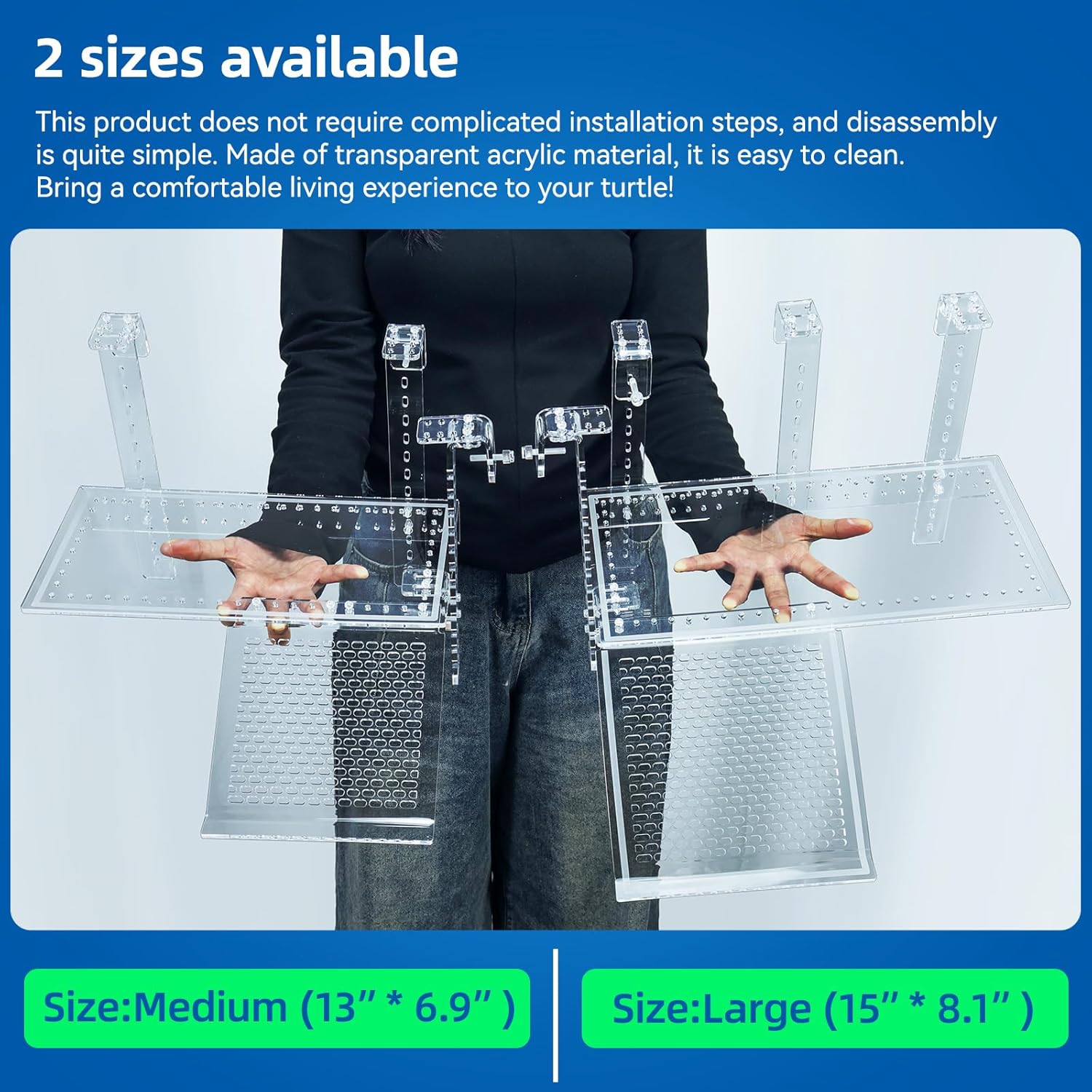 Turtle Docks Large Adjustable Turtle Basking Platform for Aquatic Turtles, Design for Tanks 0.3"-2" Thick, Stable Construction,Slip-Resistant Ramp,Adjustable Ramp Direction (15'' x 8.1'')