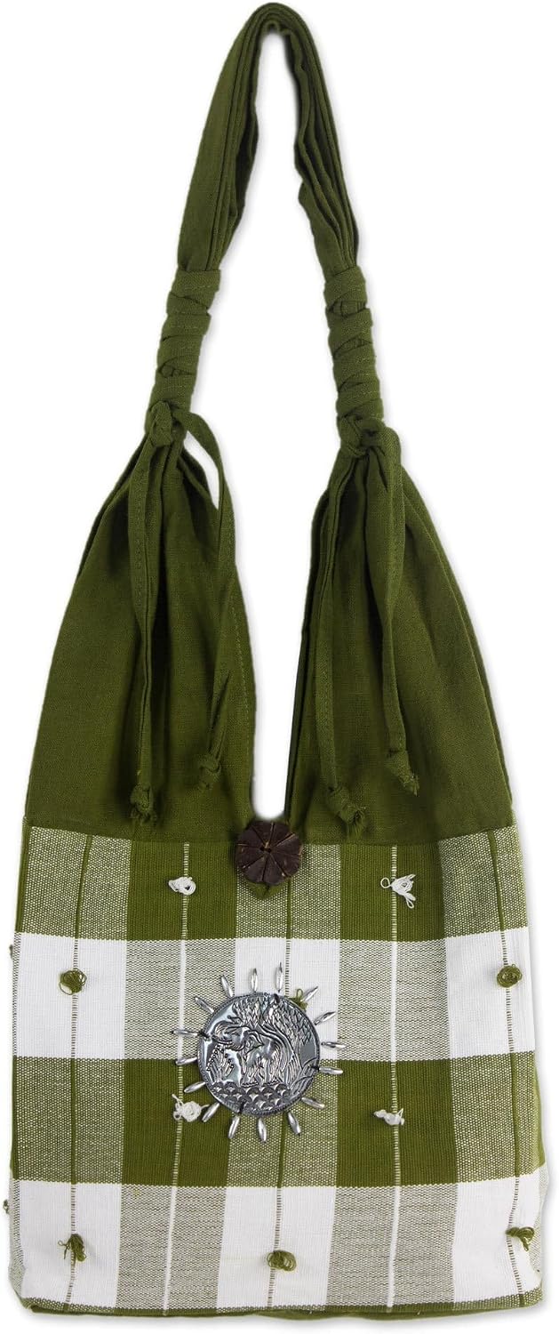 NOVICA Artisan handmade cotton handbag patterned shoulder from thailand handbags green cypress animal themed elephant ' green plaid elephant'
