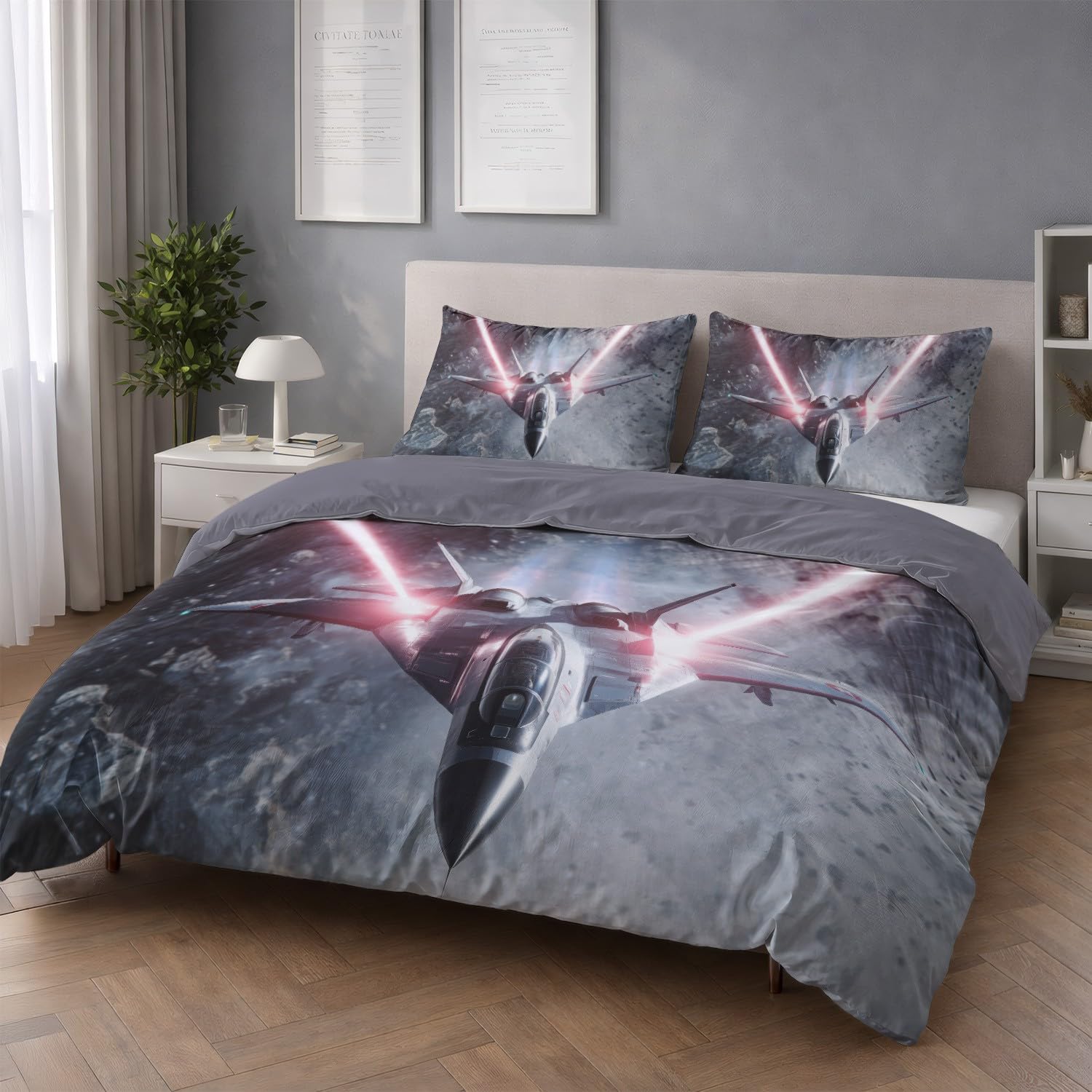 Science-Fiction Futurystyczna Symetryczna poszwa na kołdrę Myśliwy Łóżko 180 x 220 cm z 2 poszewkami na poduszki, szaro-różowy zestaw pościeli dla dorosłych Miękka szczotkowana mikrofibra dla 2 osób