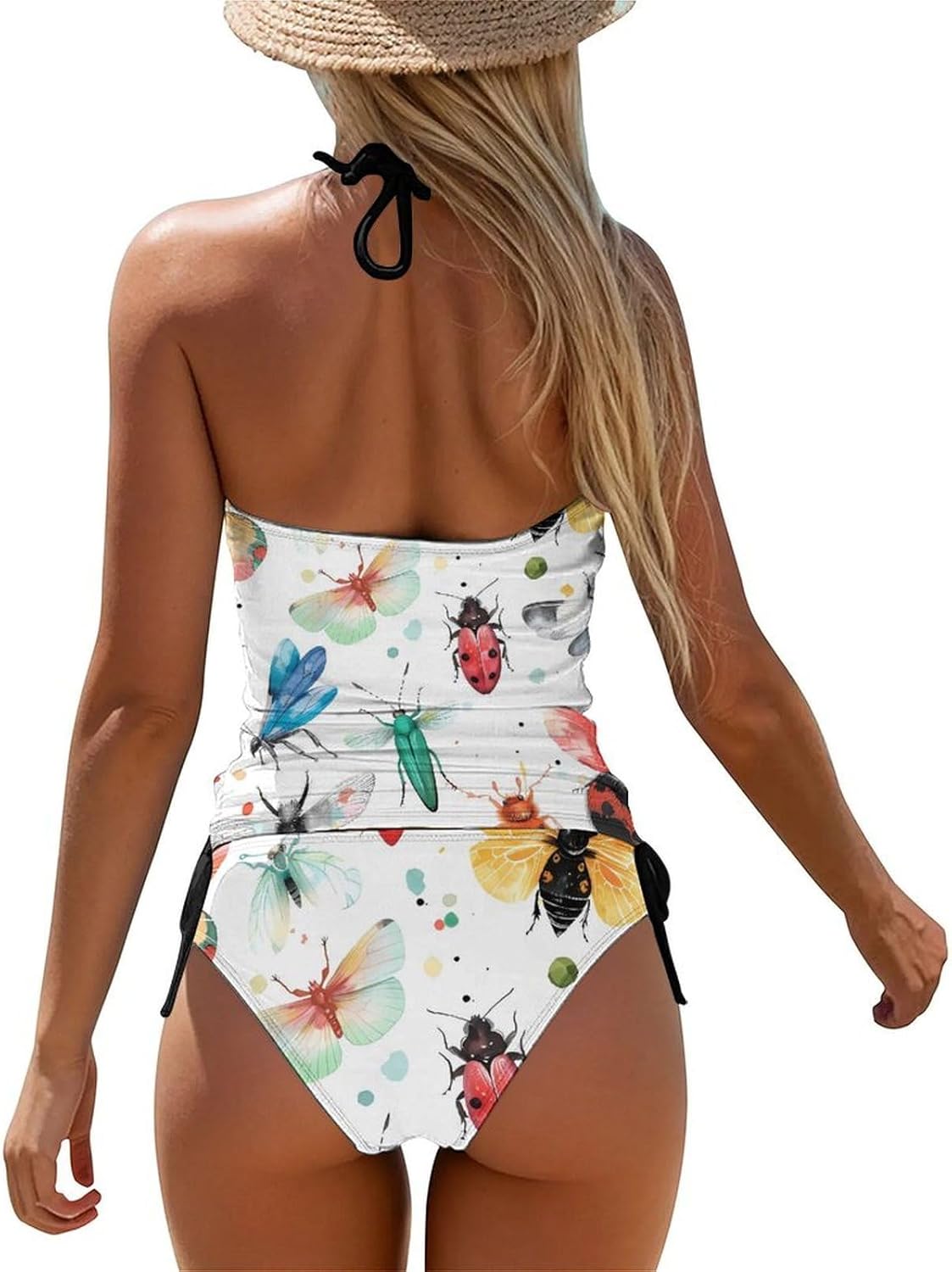 Colorful Insects Women's Tankini Swimsuit Two Piece Tummy Control Bathing Suits Tie String Swimwear
