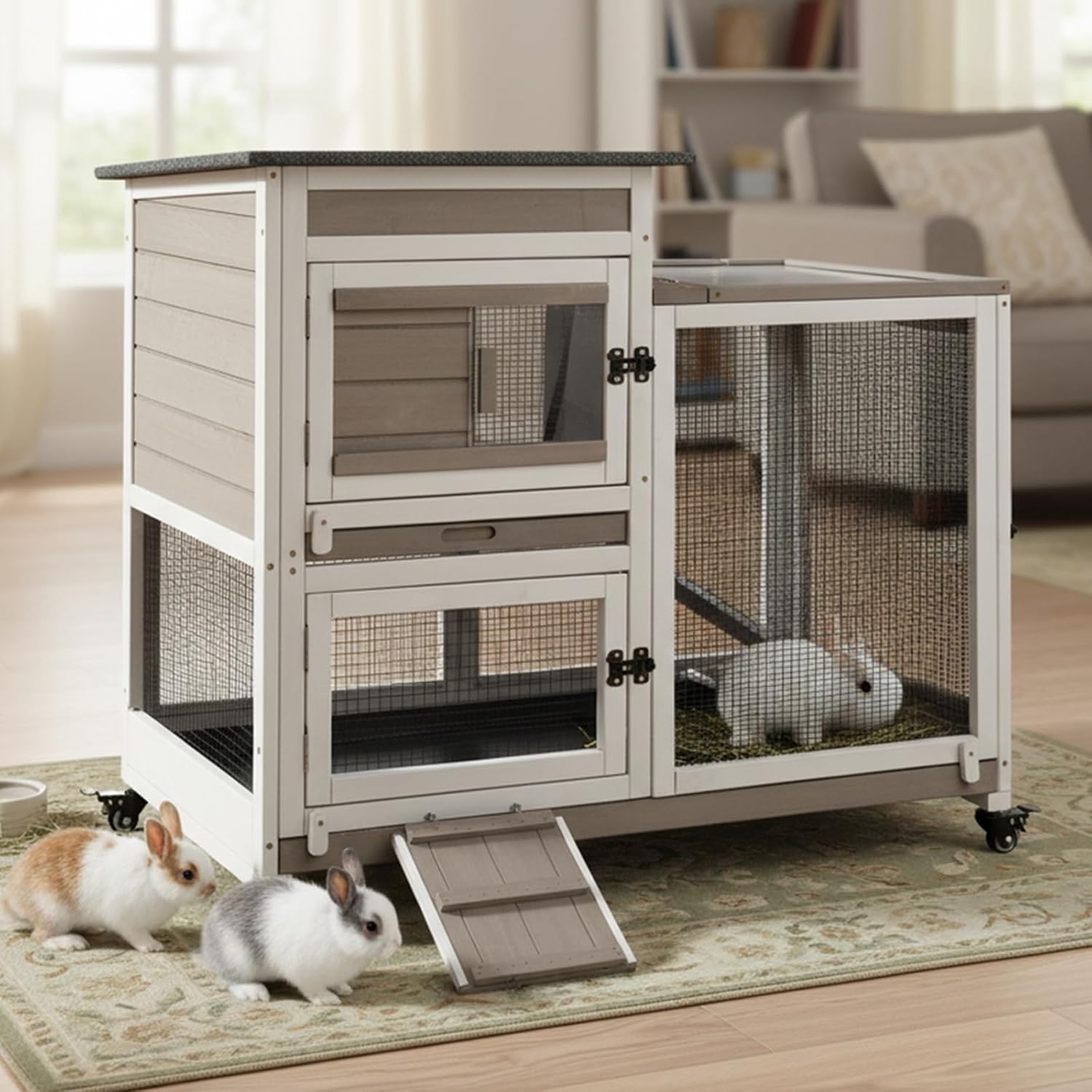 Rabbit Hutch Indoor Outdoor Wooden Bunny Cage with Wheels Removable Two Trays Guinea Pig Cages Waterproof Roof
