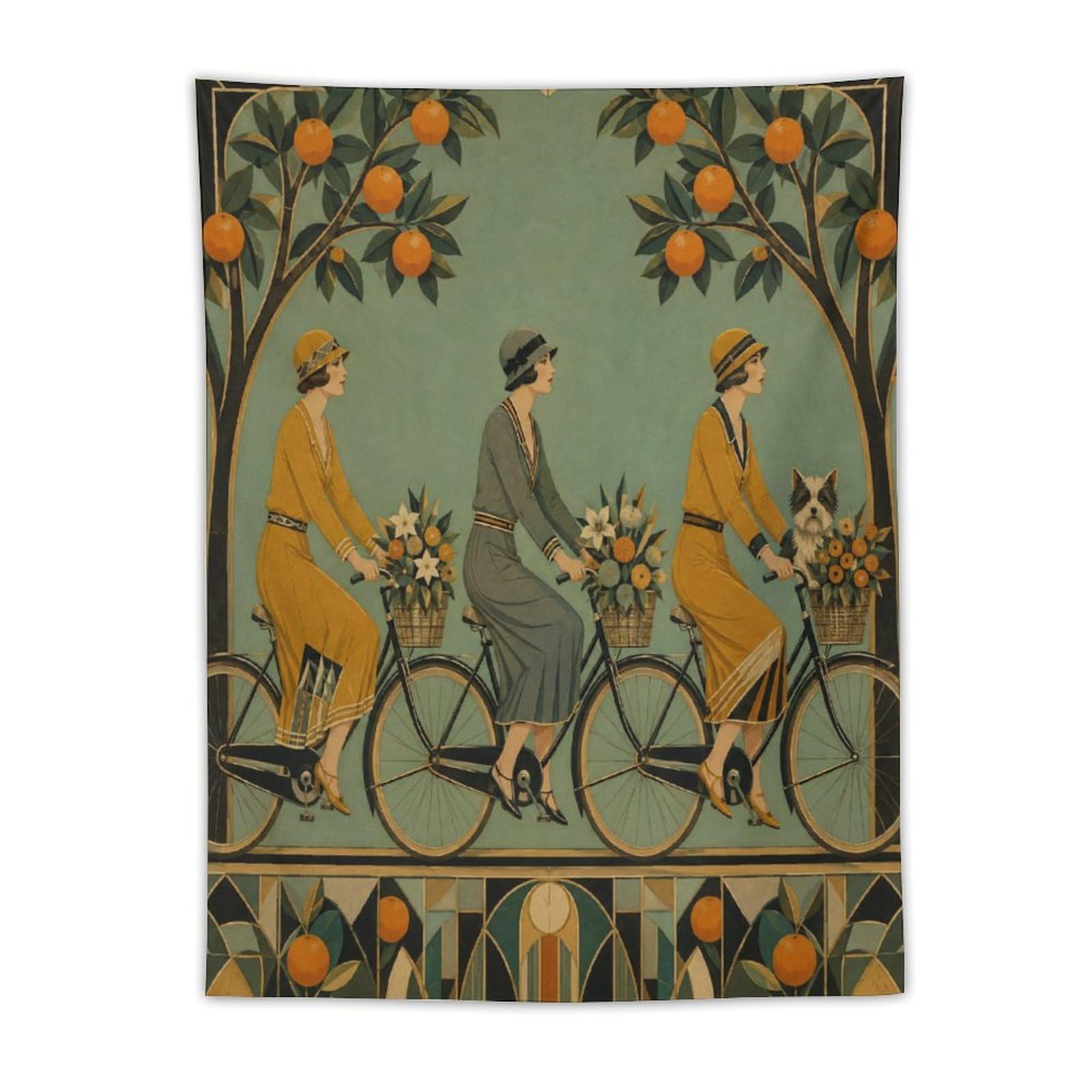 W7C8U2X3 Cyclists under Orange Trees Wall Tapestry, Art Nouveau Style