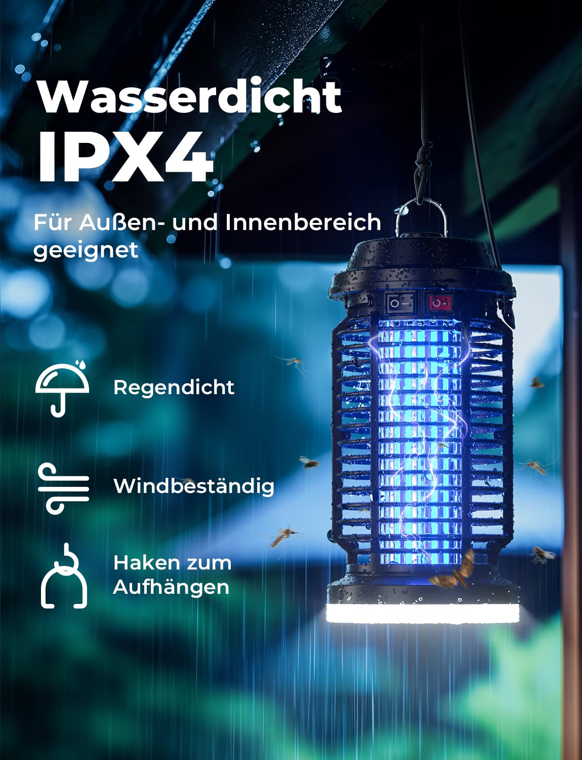YISSVIC Insektenvernichter Elektrisch, 4200V Mückenlampe 15W, Elektrische Fliegenfalle 2-in-1 mit LED-Beleuchtung, UV-Lampe gegen Mücken und Fliegen, IPX4 für Innen und Außen
