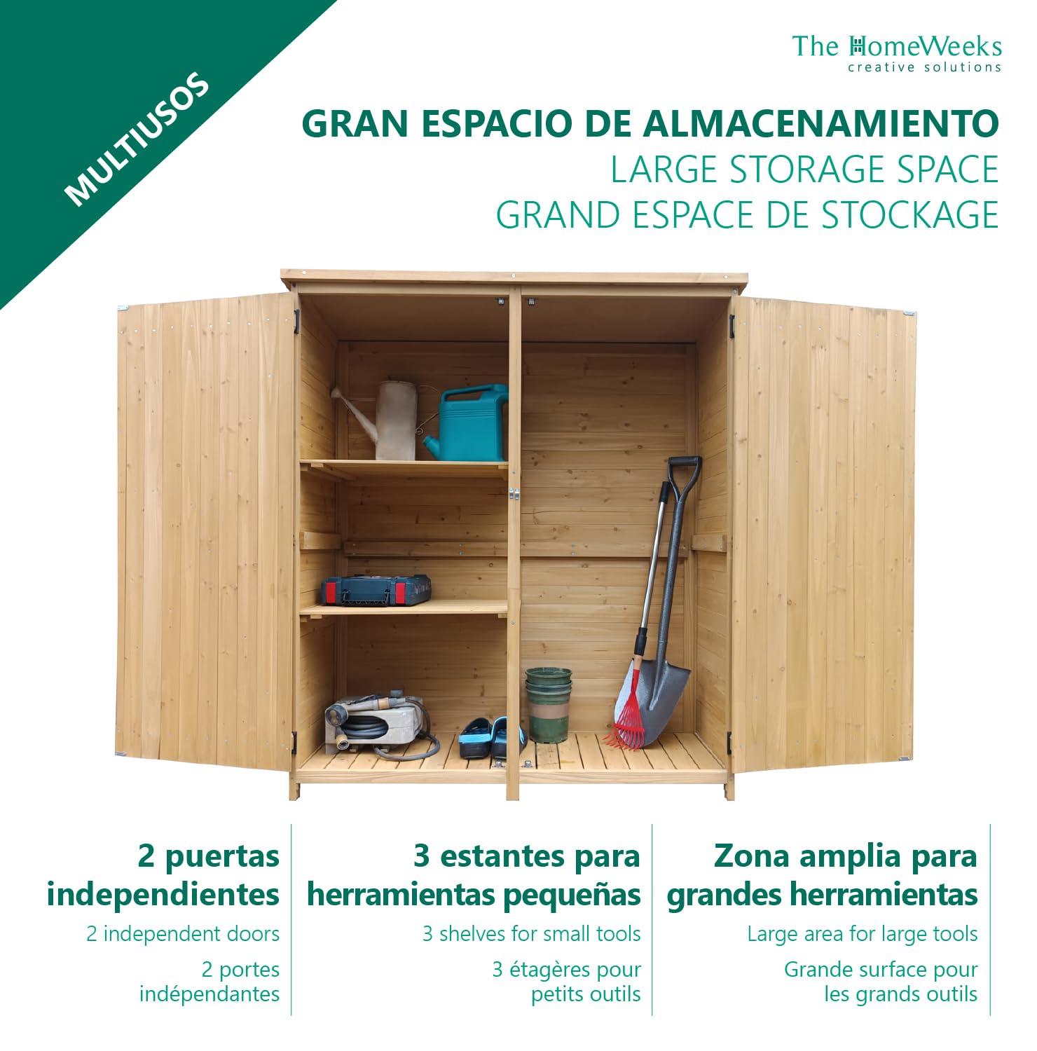 The Homeweeks Cobertizo Armario Jardín ISABA | Madera Tratada Maciza | 135 * 50 * 152cm. | Armario Multiusos Impermeable | Almacenamiento |Doble Puerta con Cerrojo | Cubierta Asfálto Impermeable