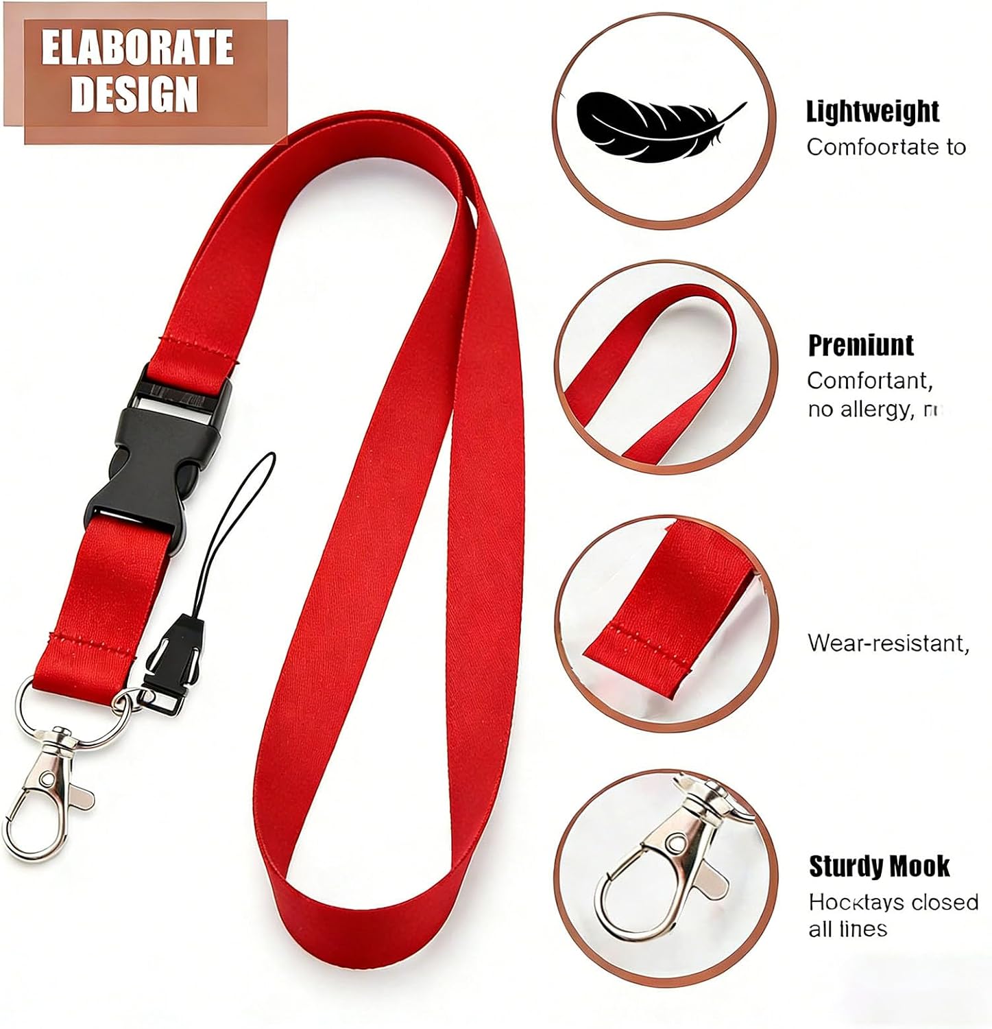 Detachable Lanyard with Key Ring - 1 Colors (Red), Sturdy Hook for Keys, ID Cards, Wallets, Earphone Cases (Red)
