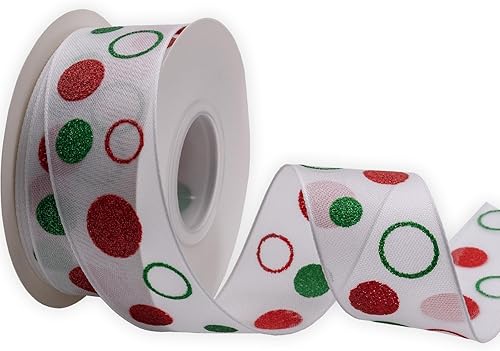 Cinta de punto con purpurina de Navidad con borde con alambre, cintas de puntos verdes y rojos, 1-12 pulgadas, carrete de 32.8 ft, para coronas,