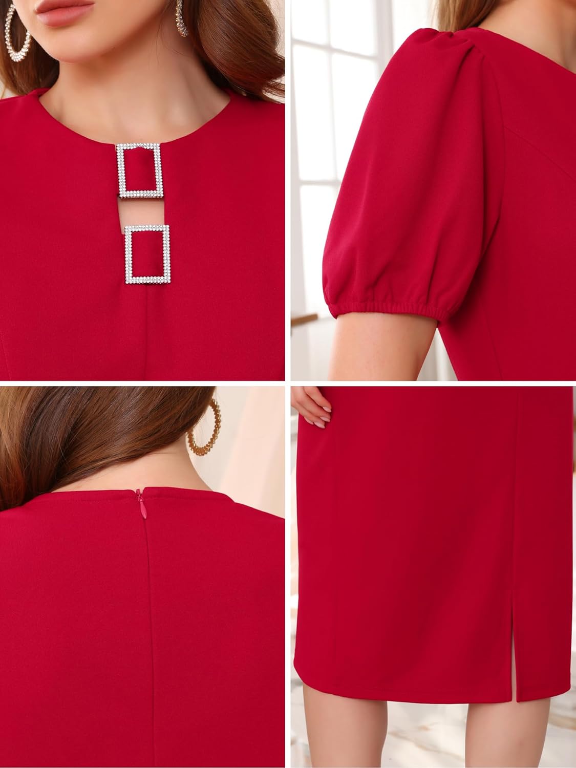 Women's Formal Dress Puff Sleeve Wedding Guest Cocktail Keyhole Neck Midi Pencil Sheath Dresses - Image 5