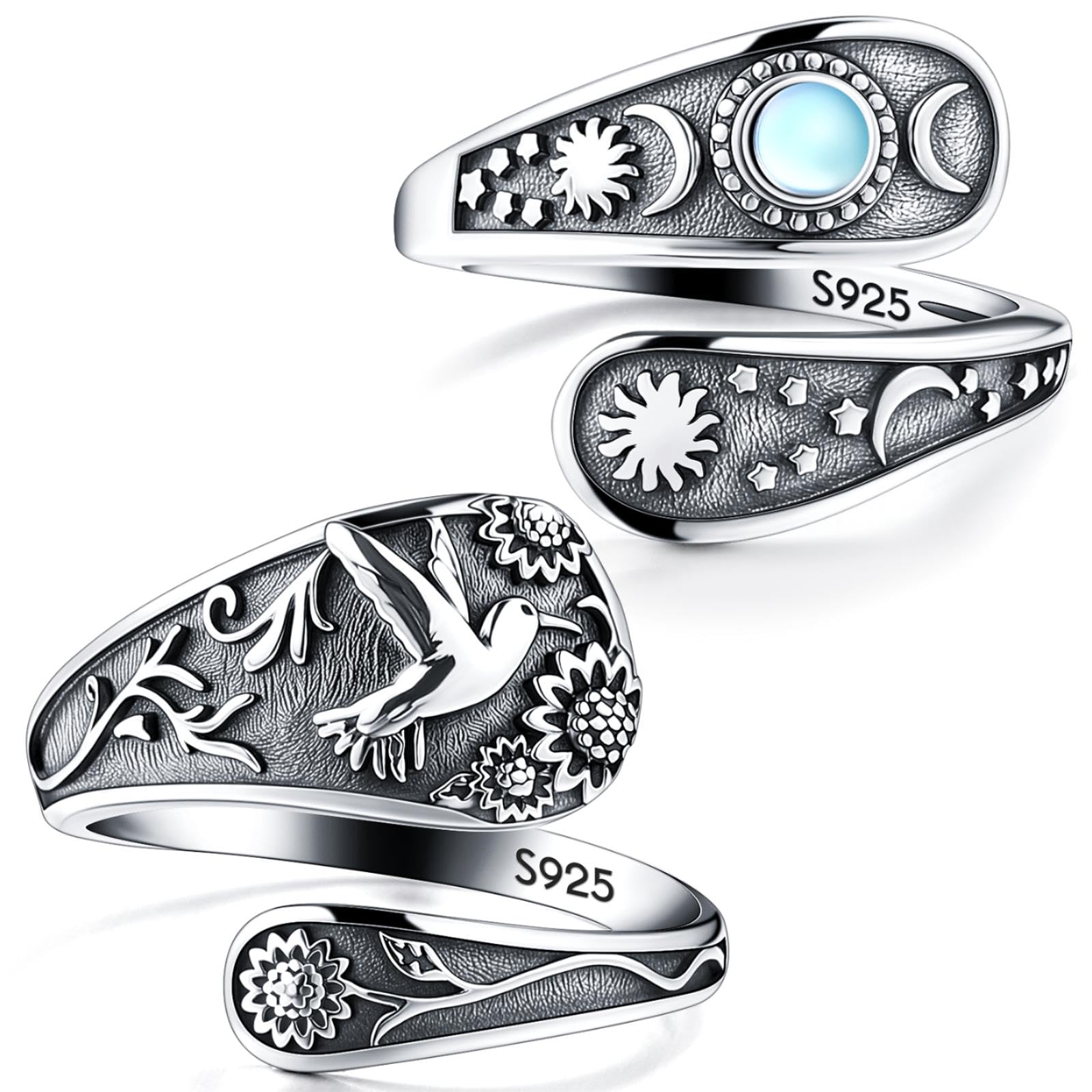 Landical 2 Pcs S925 Silver Spoon Ring Vintage Hummingbird Turquoise Victorian Style Adjustable Ring Antique Floral Oxidized Wrap Thumb Rings Jewelry
