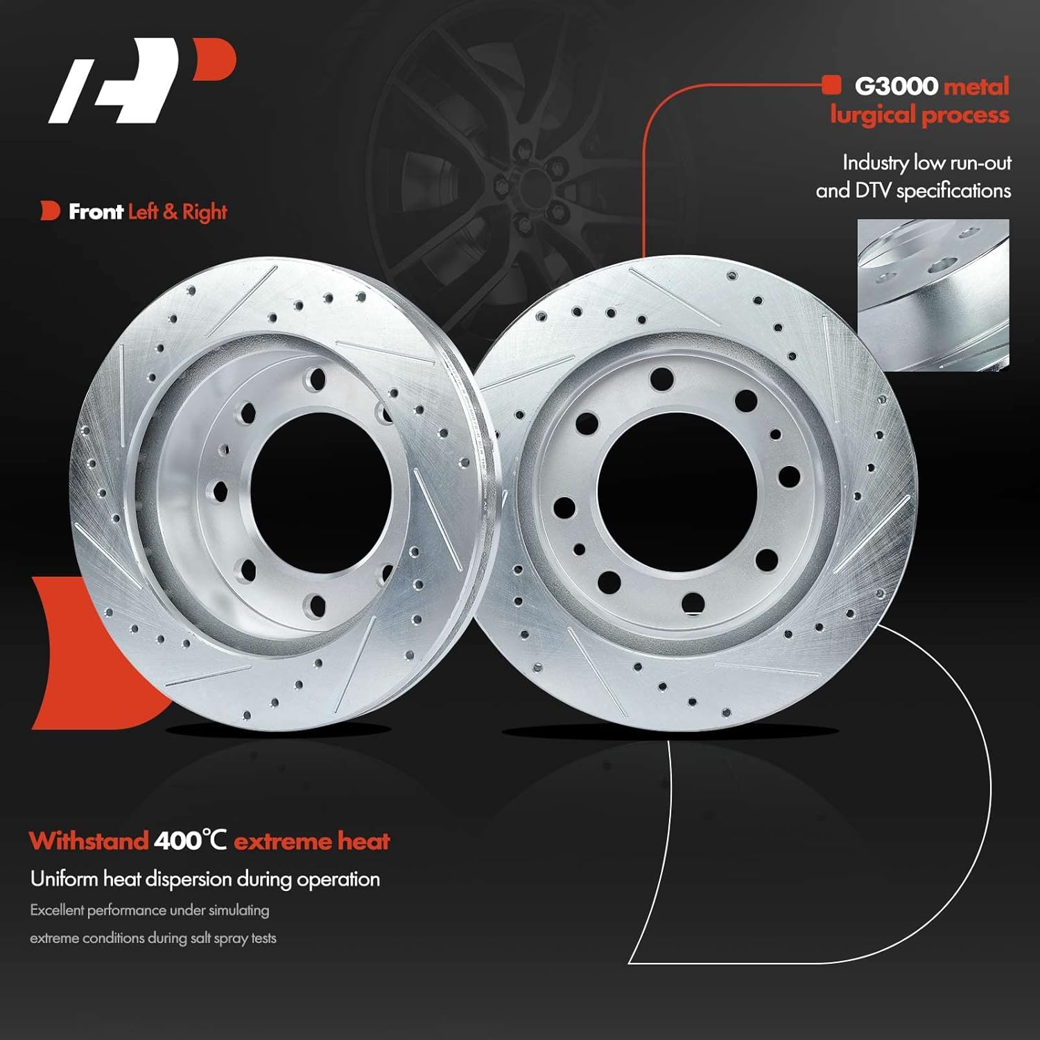 A-Premium 12.78 inch (324.6mm) Front Drilled and Slotted Disc Brake Rotors + Ceramic Pads Kit Compatible with Select Cadillac, Chevy, GMC & Hummer Models - Silverado, Suburban, Savana, Sierra, Yukon