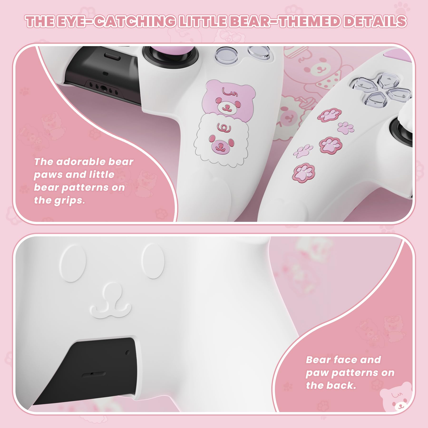 PlayVital Cover Controller per ps5 Joystick,Custodia Protettiva Silicone Skin Antiscivolo&Copri Levette Analogiche&Adesivo Touchpad,Orso Carino,Bianco&Rosa