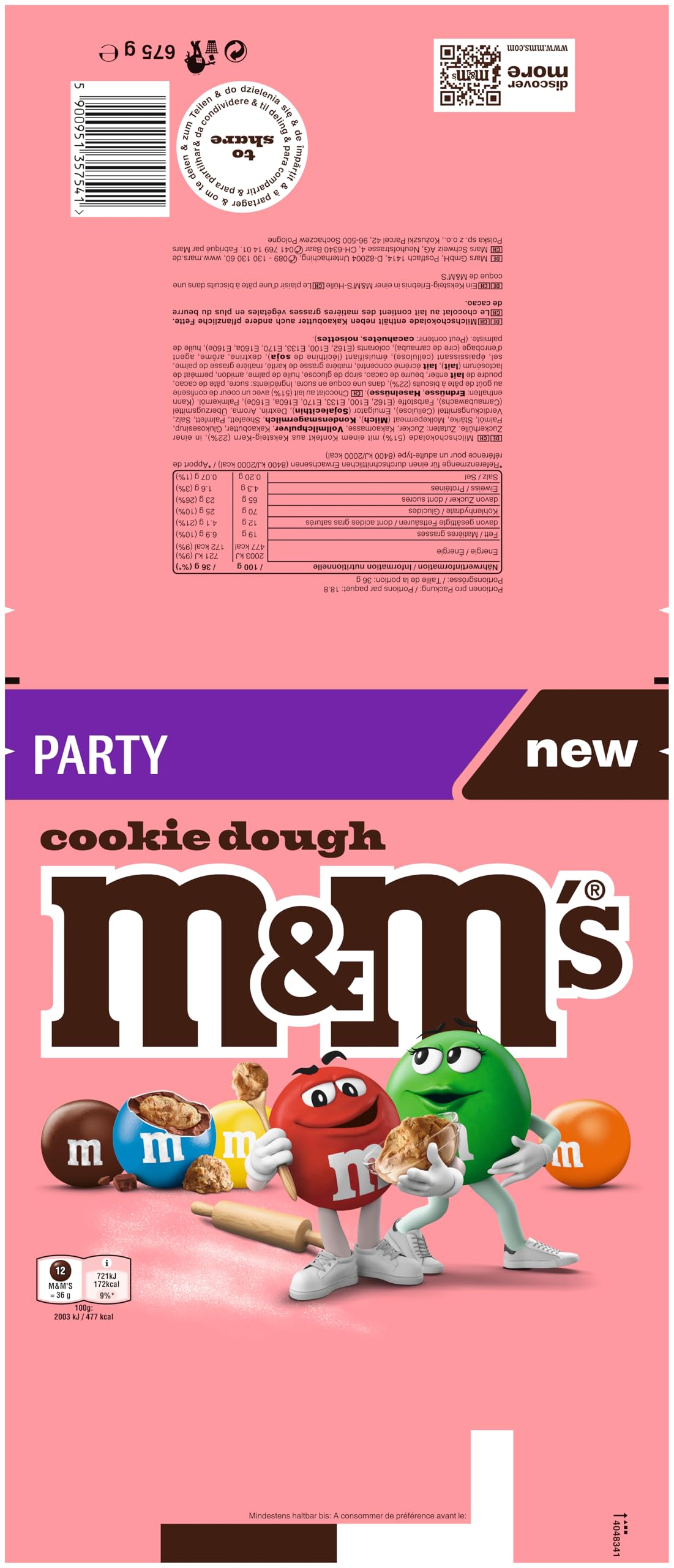M&M'S Cookie 4x 675g (2700g) Schokolinsen I Milchschokolade mit einem Konfekt aus Keksteig-Kern, in einer Zuckerhülle