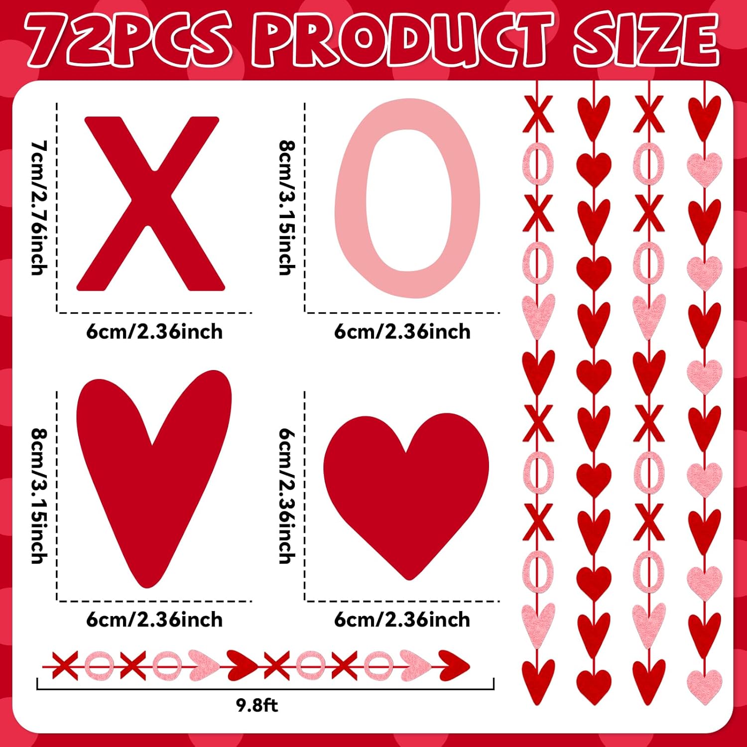 Valentine' s Day Decoration Include 2Pcs 6.6ft Valentine Felt Red Heart Garland with Wood Beads 28Pcs Glitter Heart Hanging Swirls 4 Strings Garland for Valentine Party Supplies