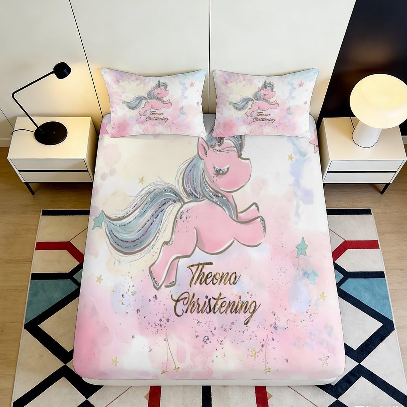 3D Printed Pink Unicorn Fitted Sheet Microfiber Soft Breathable Pastel Fantasy Mattress Cover for Bedroom Decor 90x200x25cm