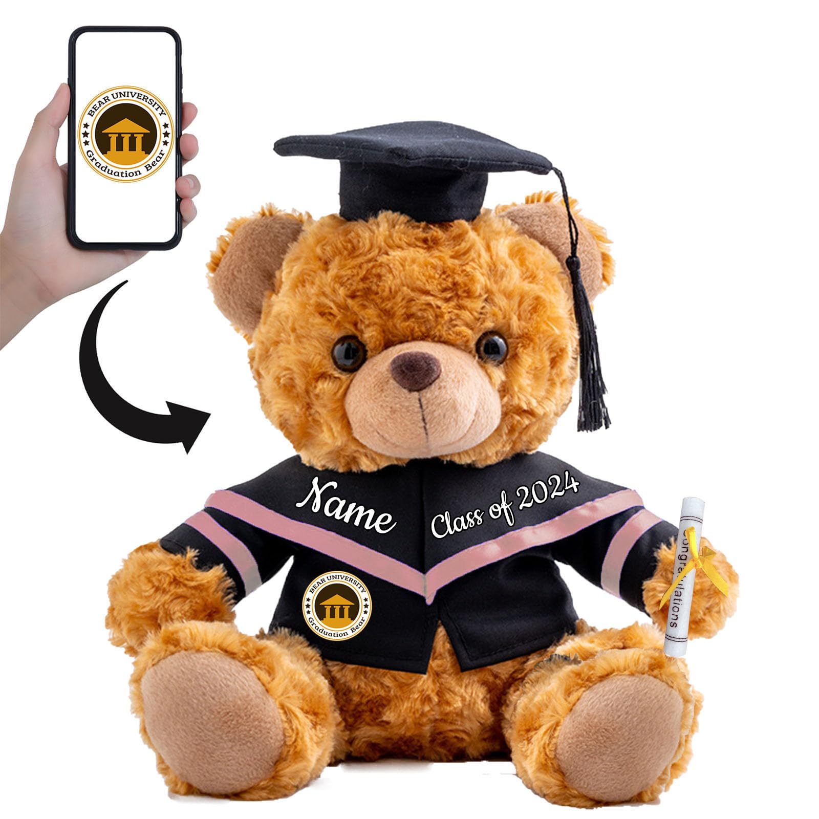 Graduation Bear Class of 2024 Personalised Graduation Gifts with Custom Text+Photo, Teddy Bear Stuffed Animal as Graduation Gifts for Her 2024 High School College Graduation Gifts (10-IN-Text+Image)