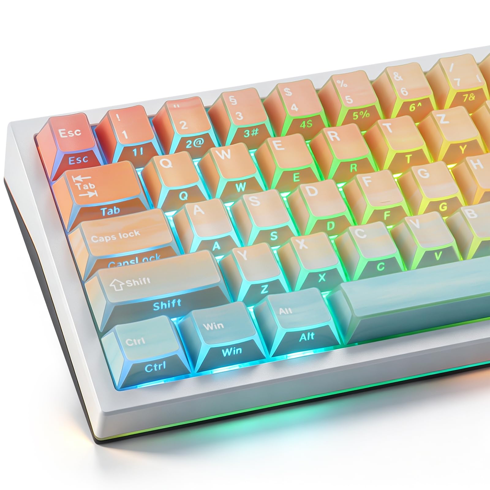 PBT Shine Through German Keycaps, 136 Keys Double Shot Side Printed Light Shadow Ocean Sunset Keycaps Dye-Sub Cherry Profile Keycap for Cherry MX Switch ISO QWERTZ Layout Mechanical Keyboards