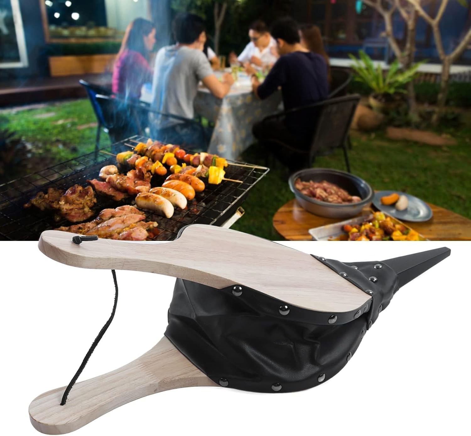 Cyrank Wood Fireplace Bellows, 19.09 x 7.87 Inch Outdoor Cooking Fan Air Blower Manual Operation Solidwood Heatproof Leather Fire Blower for BBQ Camping Fireplace