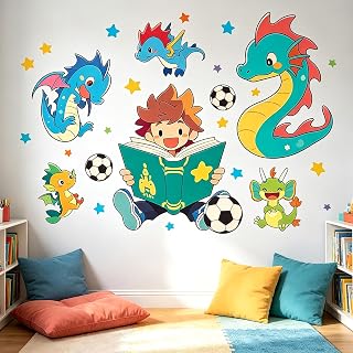 Cute Cartoon Dragon Boy Reading Soccer Star Nursery Kids Wall Decals Decor | Colorful cartoon peel and stick wall stickers, removable vinly soccer balls & stars art for boys nursery and kids bedroom