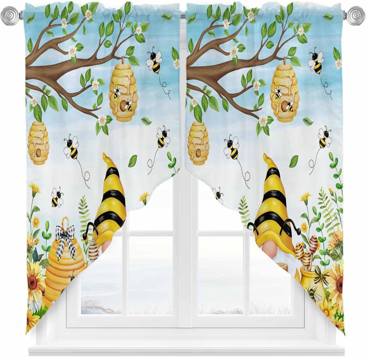 Blue Gnomes Swag Valance for Windows, Yellow Bee Honey Daisy Flower Rod Pocket Swag Curtains Valance Kitchen Curtains Tier Small Window Curtains for Kitchen Sink Living Room 56" Wx36 H