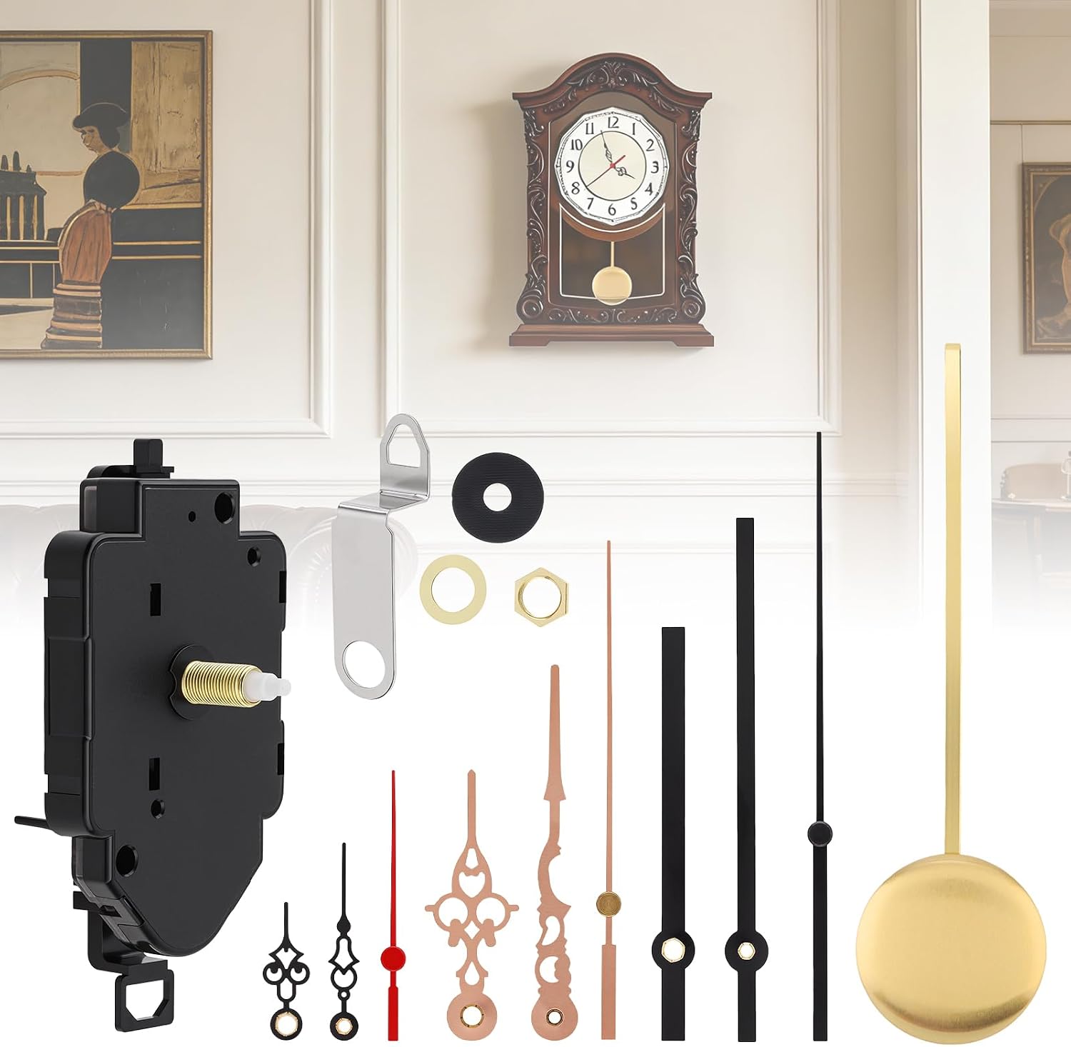 Quartz Pendulum Clock Movement Kit, 23mm Total Shaft Length | 15mm Thread Length, Battery Operated Silent Mechanism, 3 Sets of Hands Included, Gold Pendulum Included