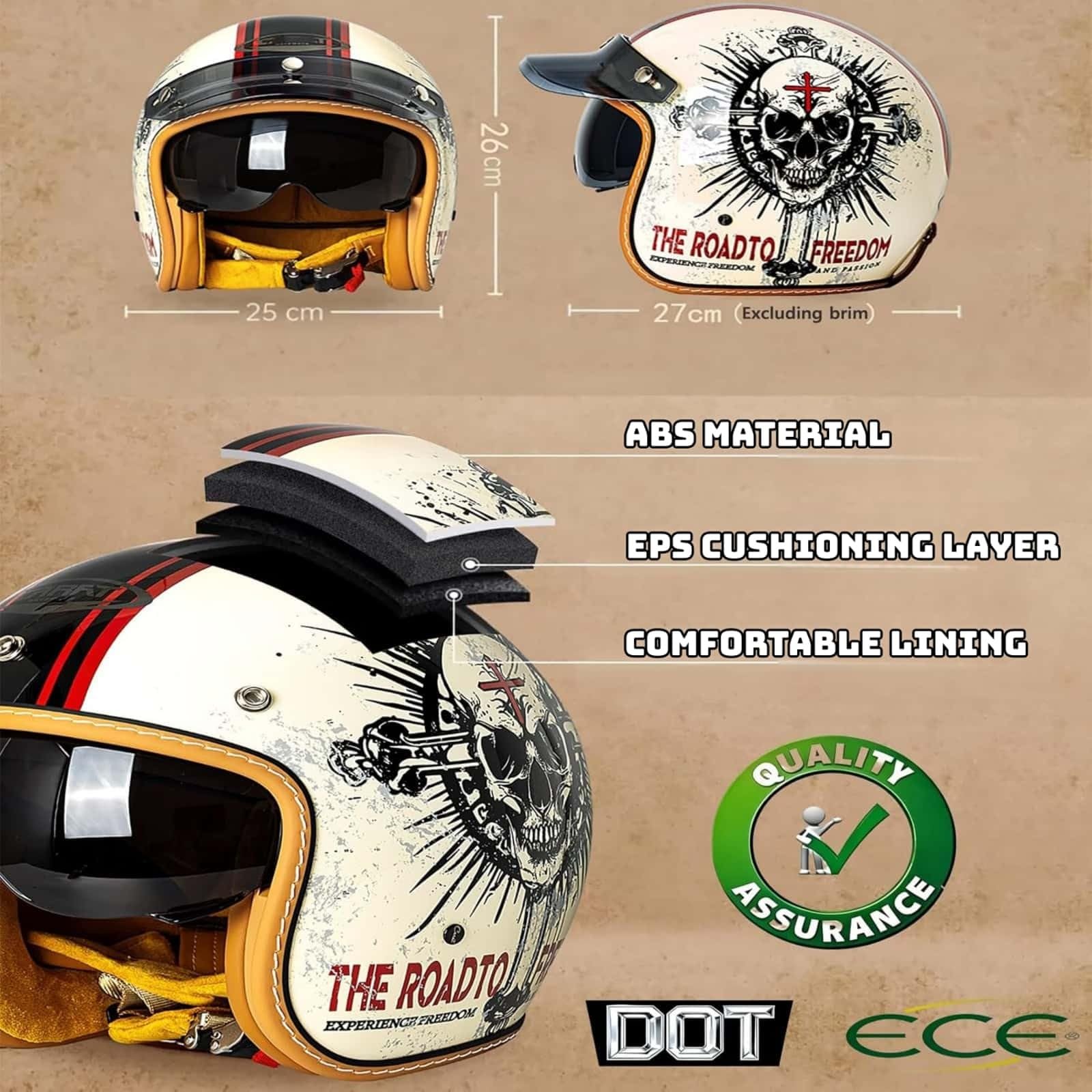 Kask motocyklowy w stylu vintage z wizjerem, otwarty kask motocyklowy retro 3/4, otwarty kask motocyklowy, dla kobiet i mężczyzn, dopuszczony do użytku w drogach publicznych, certyfikat ECE DOT, M (55
