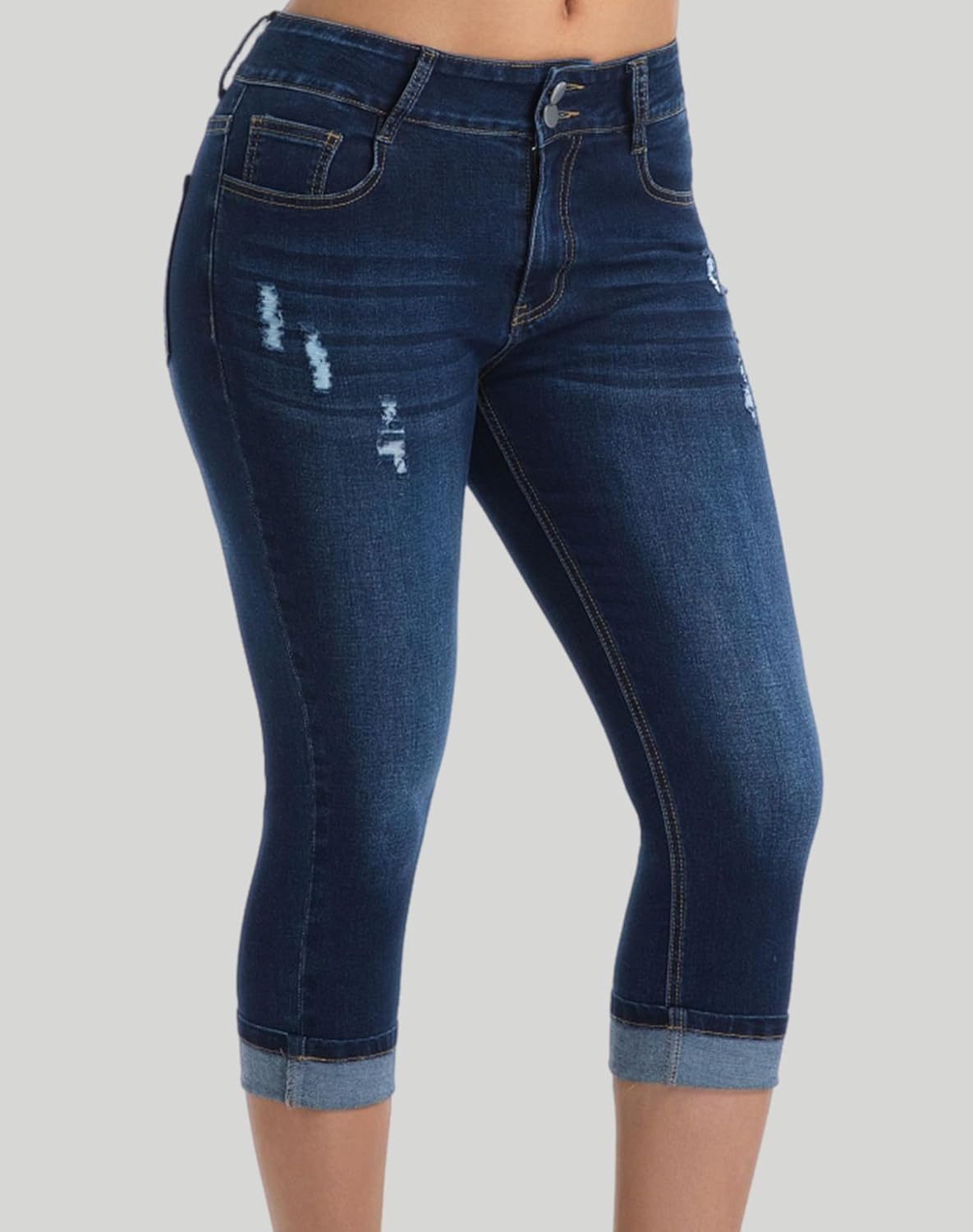 Women's Capri Pants Skinny Stretchy Ripped High Waisted Cuffed Denim Jeans - Image 2