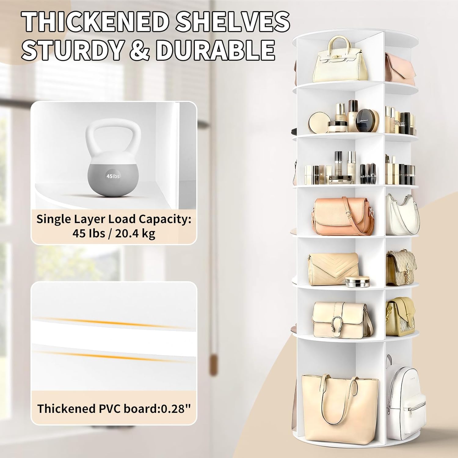 VINGLI Rotating Shoe Rack Tower, 7 Tier 360° Spinning Lazy Susan Shoe Storage for Closet, 73" Tall Vertical Carousel Organizer for Boots, Heels & Bags, White Corner Shelves (No Tool Assembly)