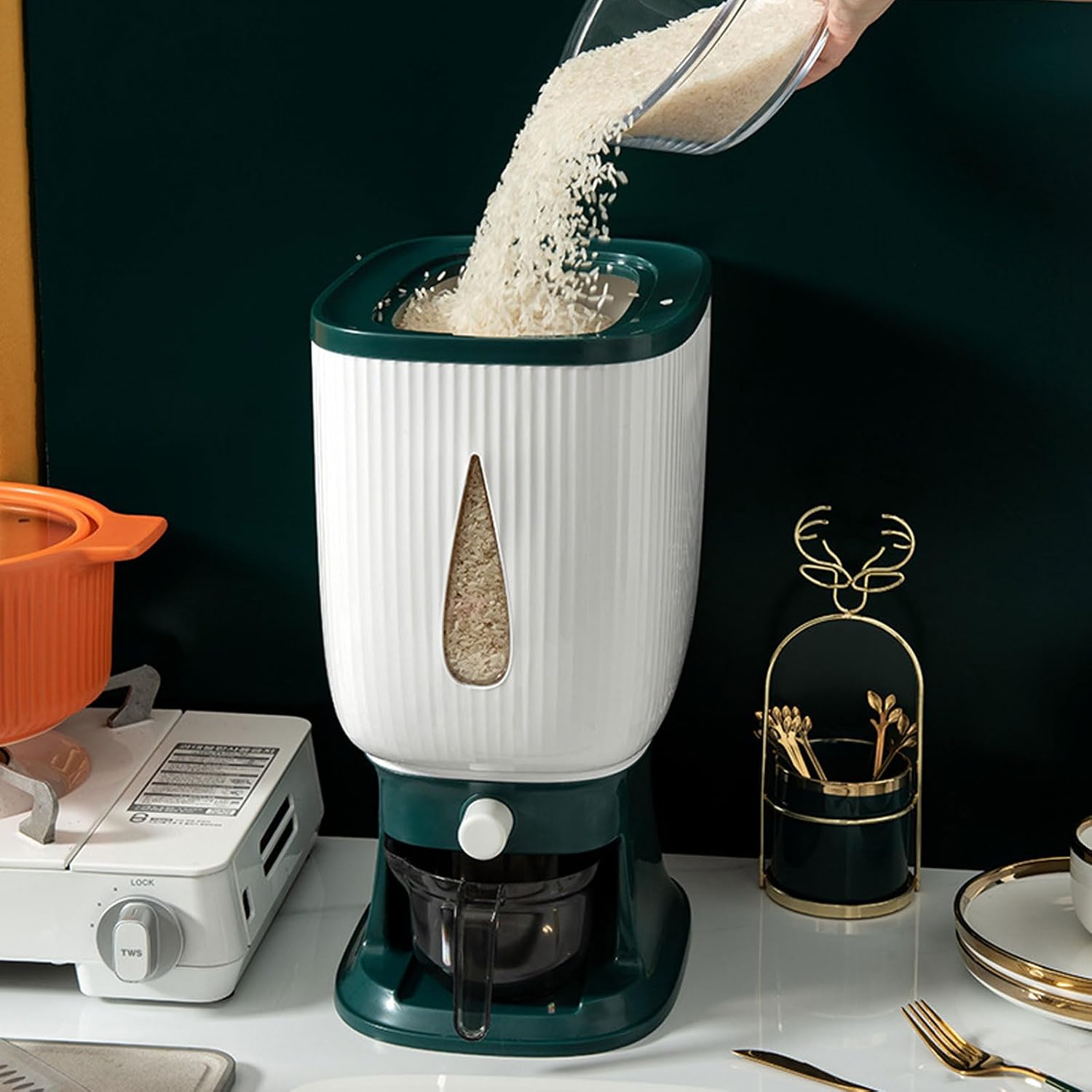 Press Type Rice Dispenser with Measuring Function 10kg Capacity Clear Window for Easy Storage and Design Clear Window Rice Canister