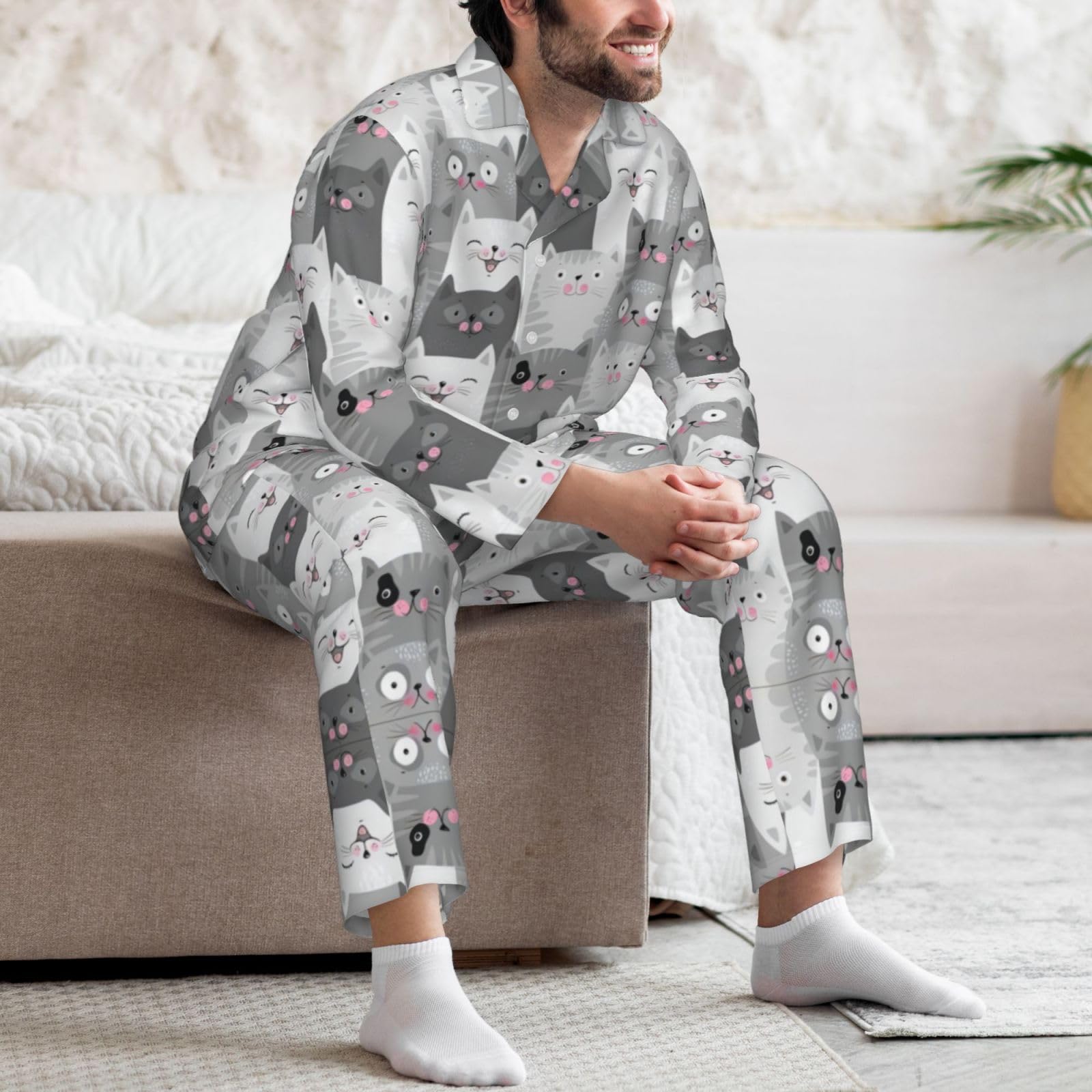 Simpatico motivo gatti grigi divertenti indumenti per dormire durevoli - Set pigiama da uomo in 2 pezzi - Set pigiama da uomo ideale per tutte le stagioni