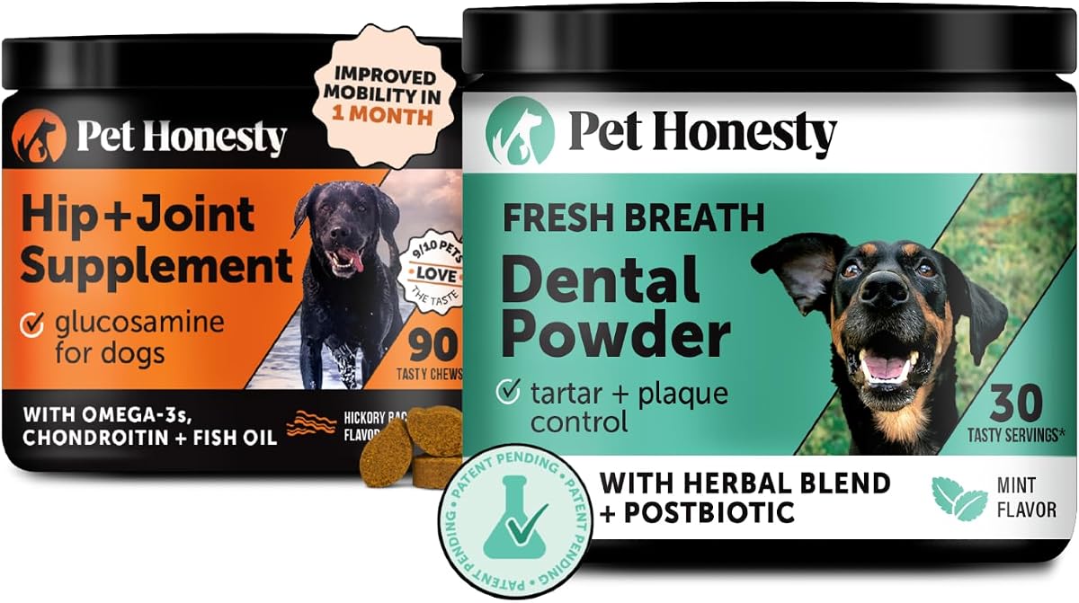 Hip + Joint Health for Dogs + Dental Powder Virtual Bundle for Teeth Cleaning & Plaque Removal, Bacon Flavored Joint Supplement for Mobility & Joint Support