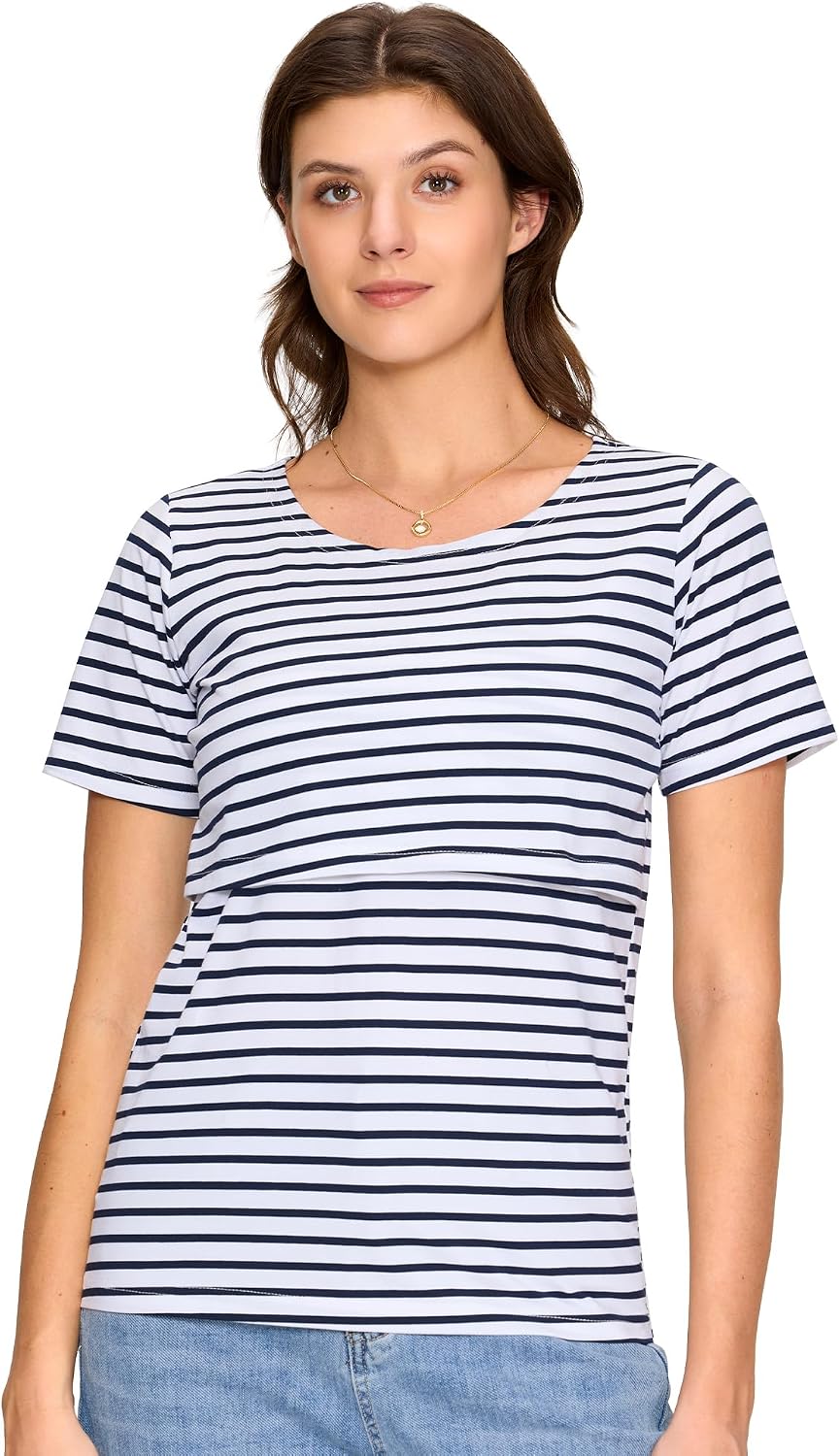 3 Pack Women's Nursing Tops, Breastfeeding Shirts Short Sleeve, Double Layer Maternity Clothes