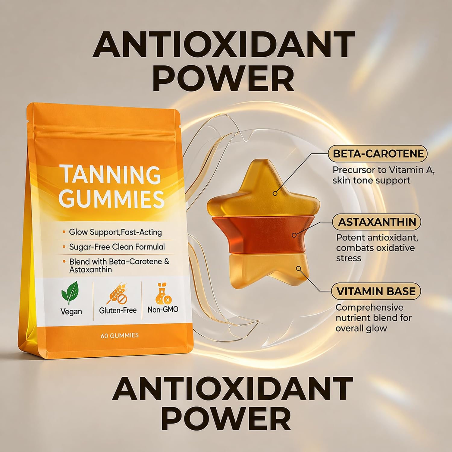 Tanning Gummies, Tanning Gummies for Women & Wen, with Beta Carotene, Astaxanthin and Vitamins, for Natural Skin Support & Radiant Healthy Skin – Vegan, Gluten-Free, 60 Gummies (1)