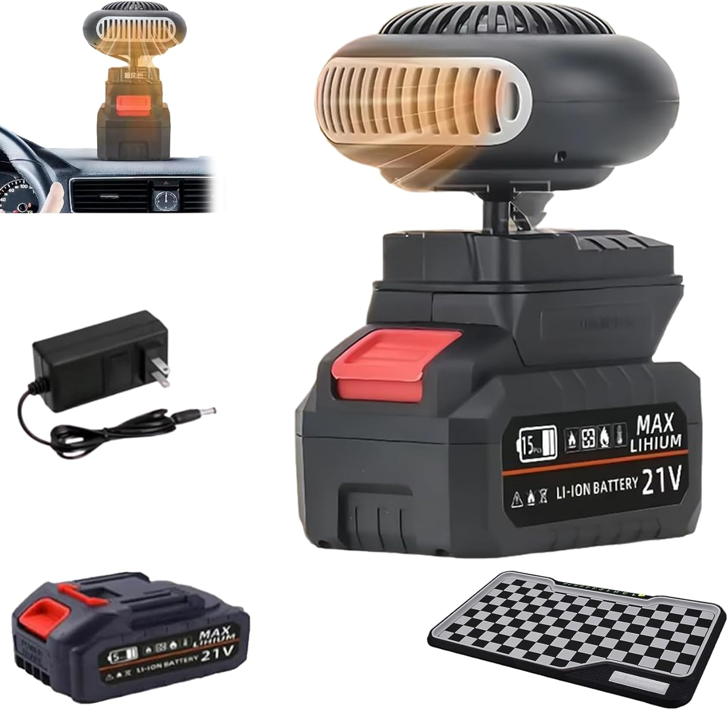 Indoor Heater for Power Outage, 1500mAh Li Rechargeable & Cordless Battery Powered Portable Heater, Anti Tilt Design Emergency Heater for Power Outage Indoor, Car Defroster, Camping (10 Batteries)