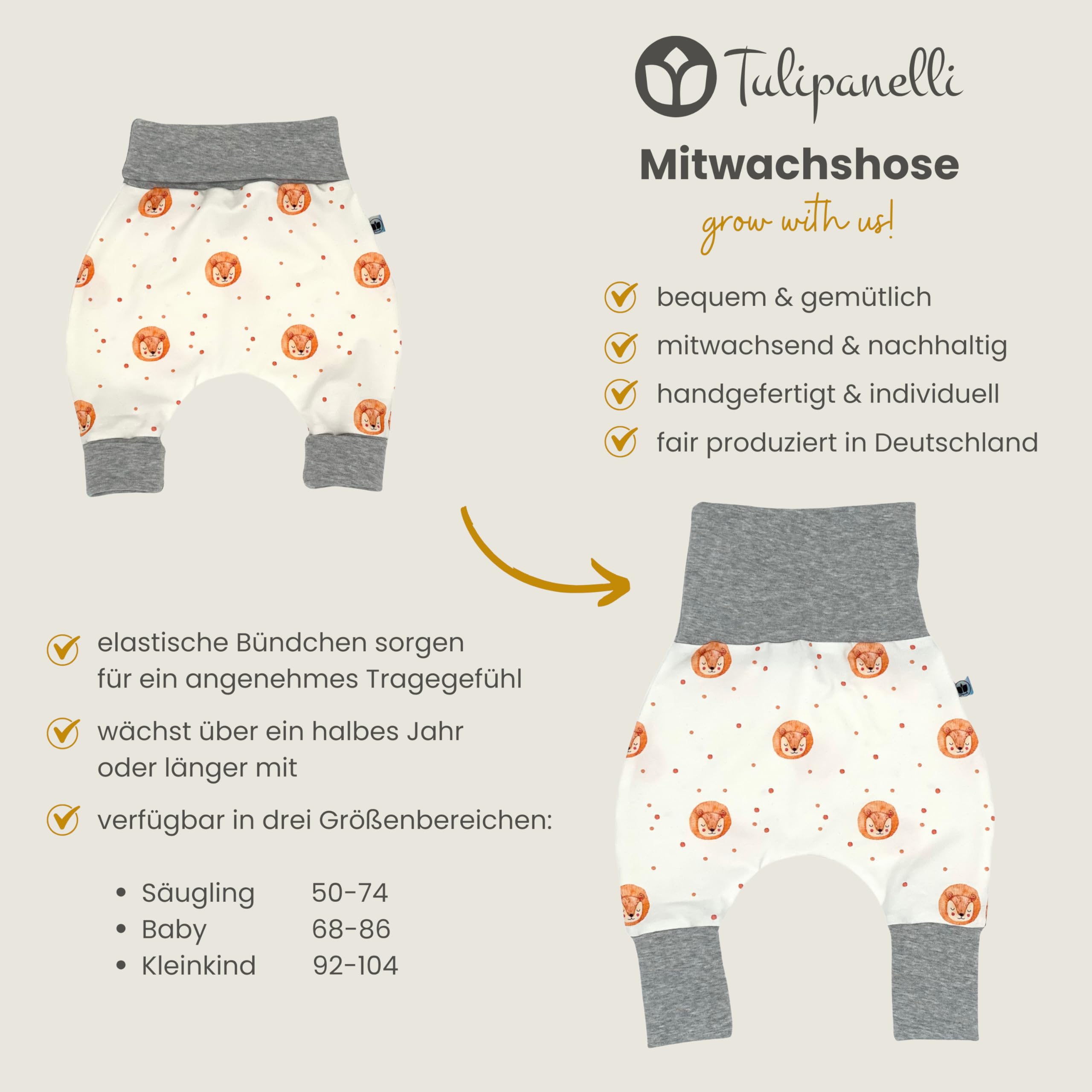 Tulipanelli Baby Pumphose Babyhose - Handgefertigte Mitwachshose aus Baumwoll-Jersey - Größen 50-74 | 68-86 | 92-104 - Breiter Bund