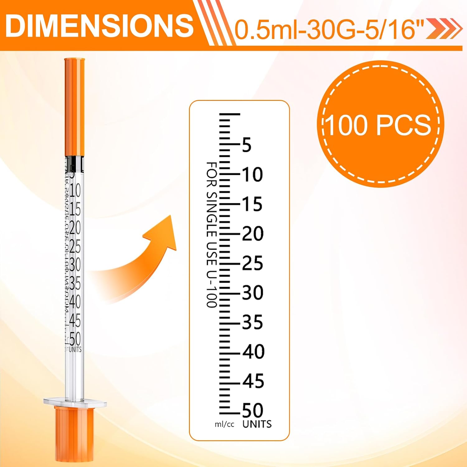 0.5ml 30Ga 5/16" (8mm) Syringes, 0.5ml/cc Disposable Syringe for Industrial Laboratory, Individually Wrapped, 100 Pack