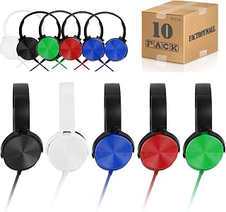 Classroom Headphones Bulk 10 Pack Multi Color, Wholesale Students Headsets Durable Earphones Comfy Swivel Class Set School, Library, Children, Kids for Online Learning and Travel