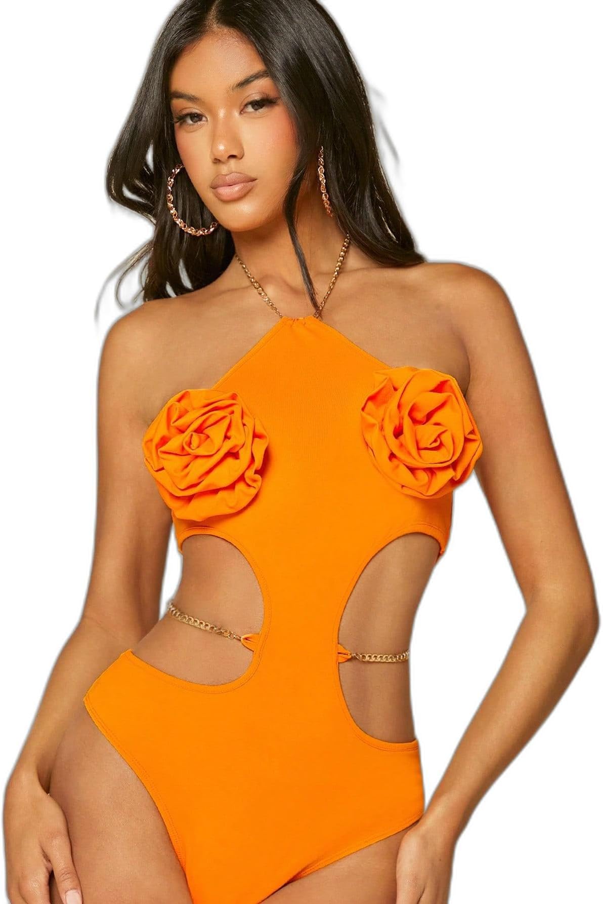 Women X KUNSHENG Halter Neck Cut Out Chain Detail Bodysuit